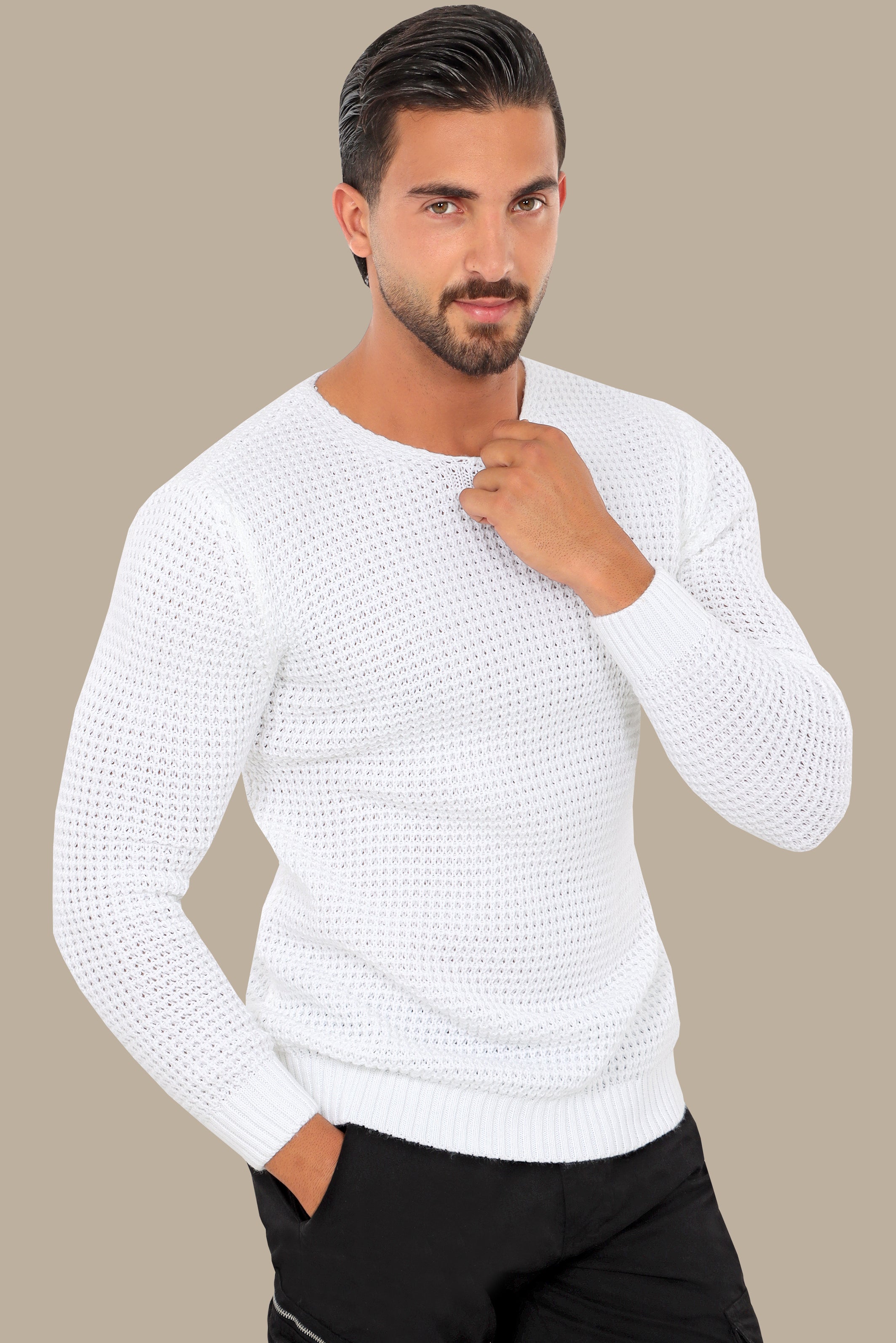 White Knitted Open Neck Sweater