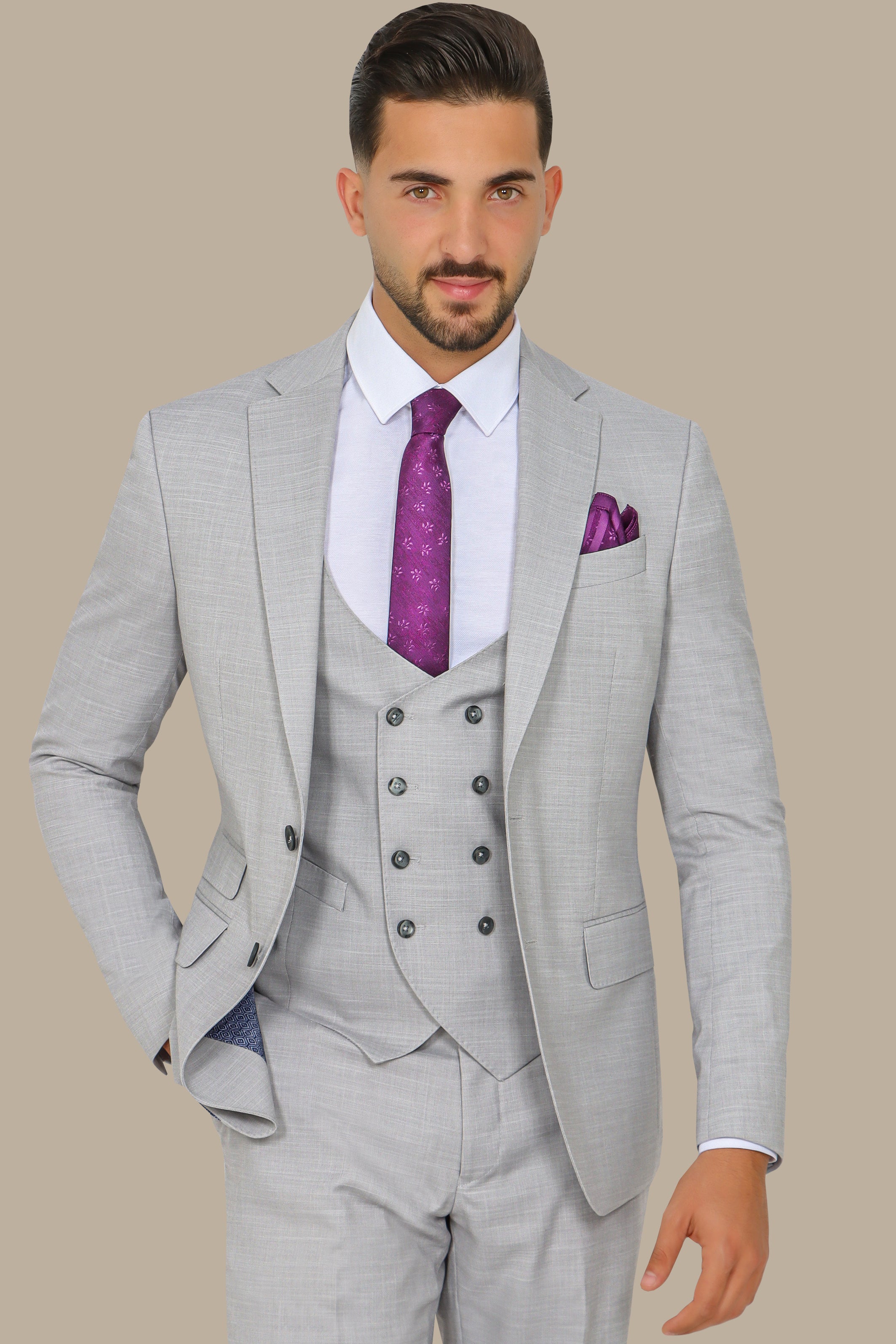 Light Grey Suit Fil a Fil Lycra Notch 3-Piece