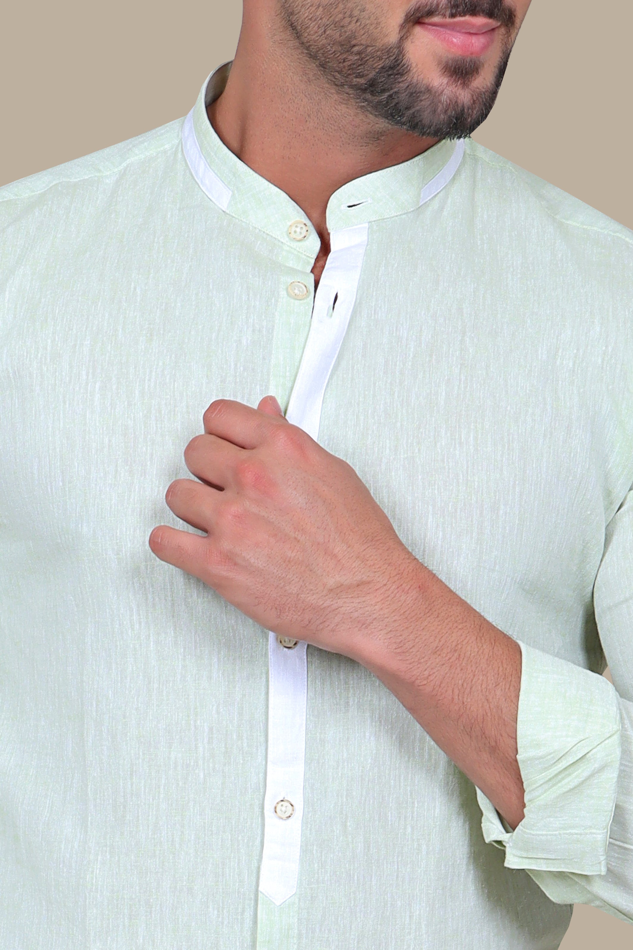 White Linen Mao Collar Shirt: Pistache Accent