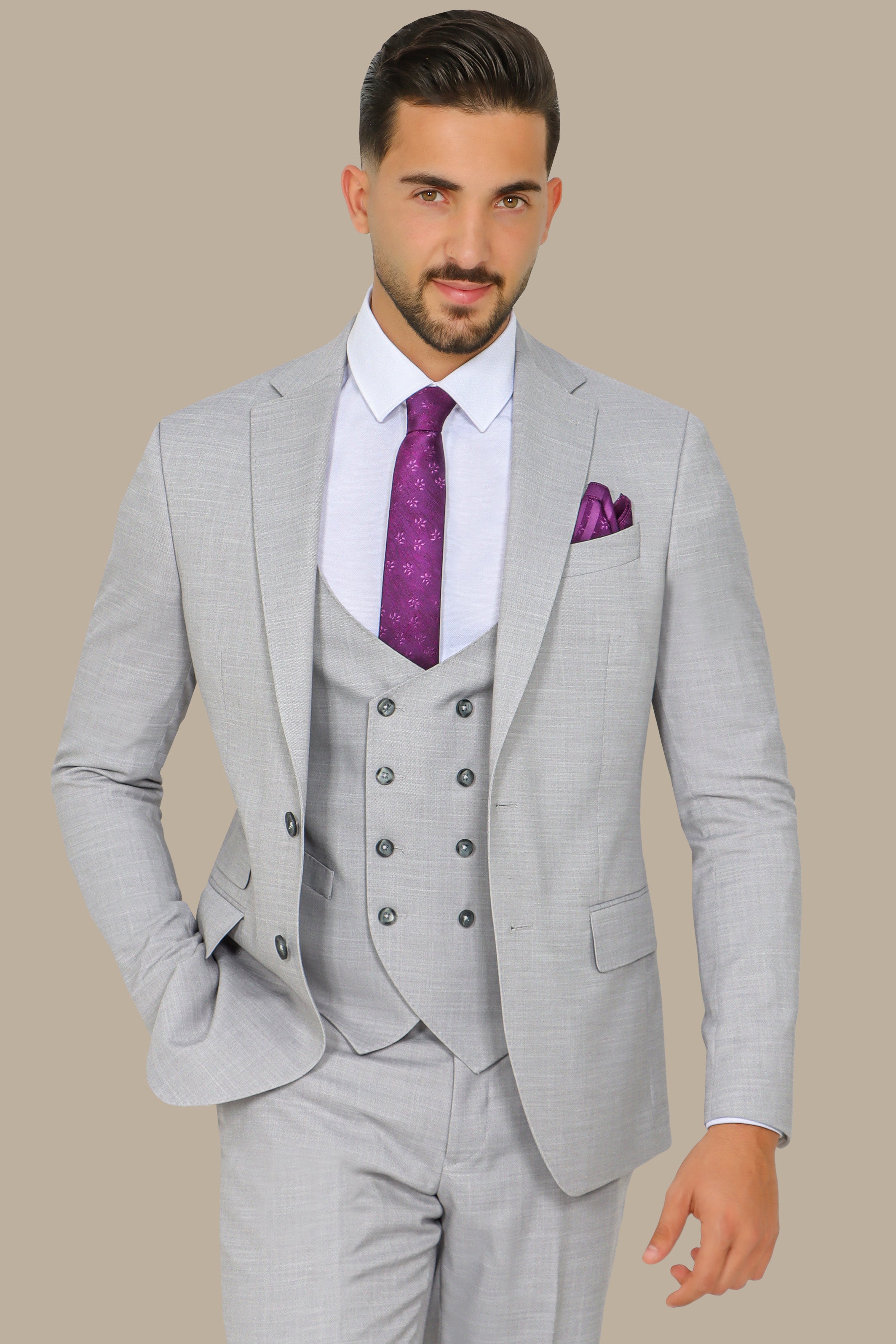 Light Grey Suit Fil a Fil Lycra Notch 3-Piece