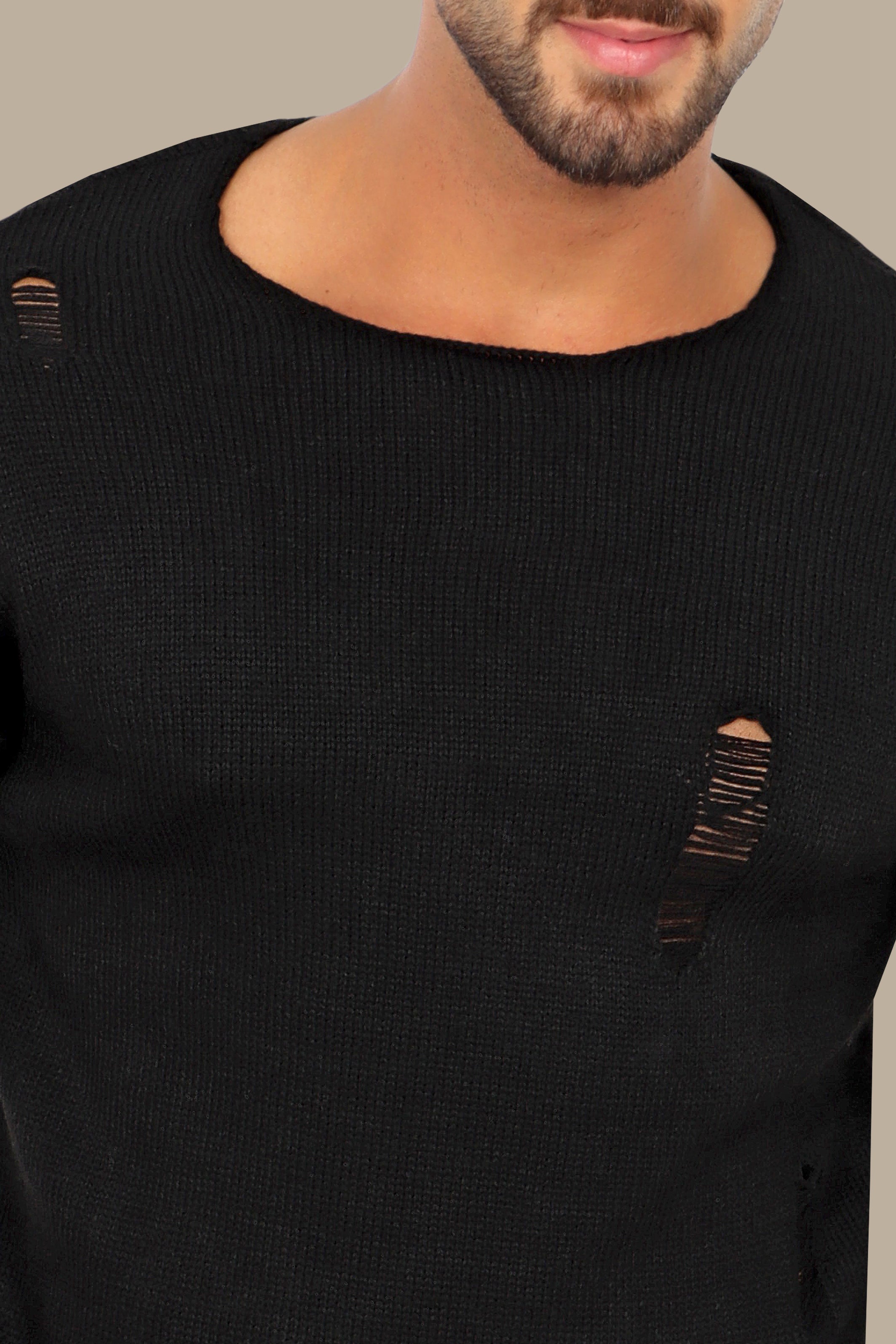 Black Beauty: The Distressed Open-Neck Sweater