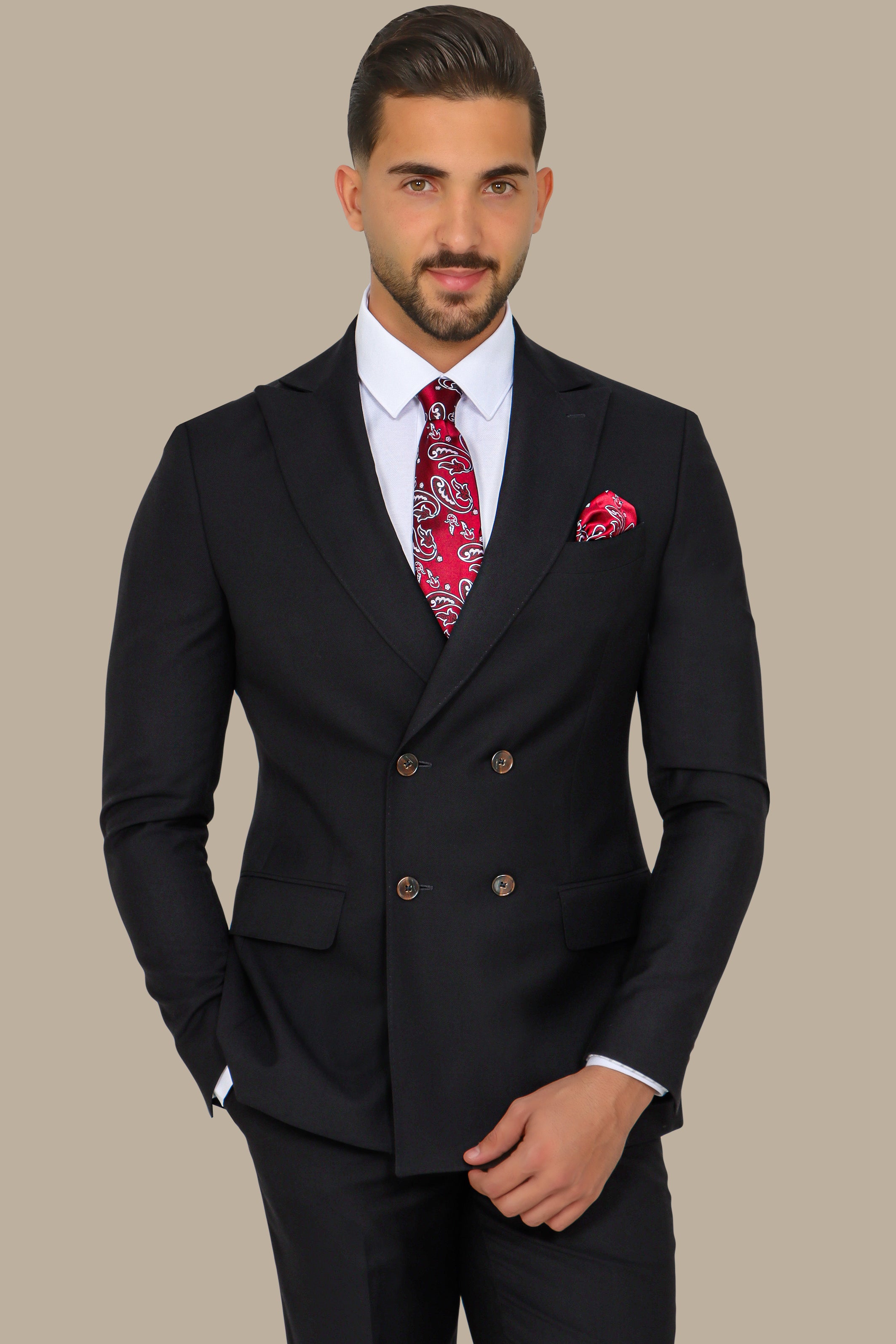 Black Piquet Double-Breasted Suit with Peak Lapel