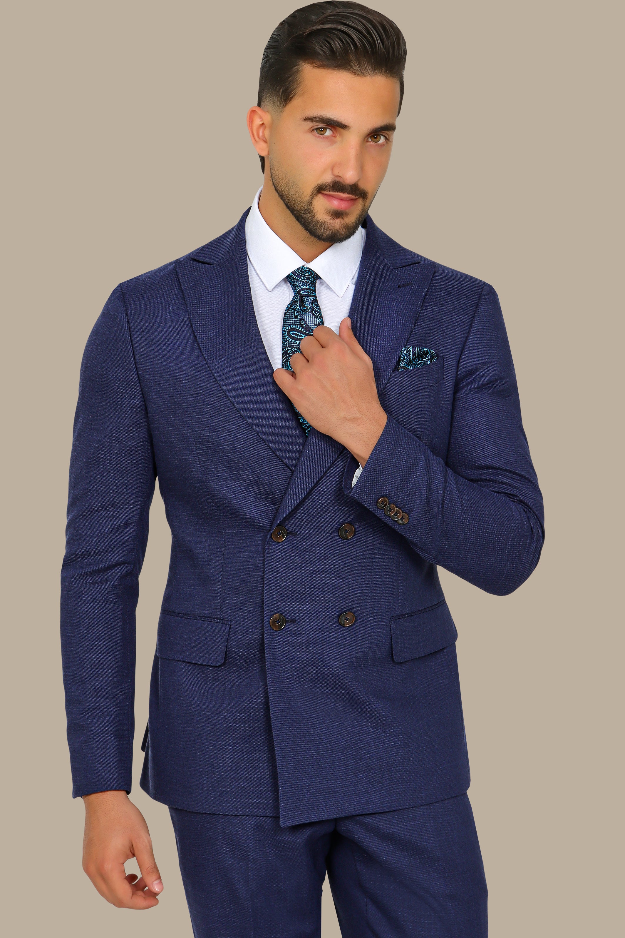 Navy Piquet Double-Breasted Suit with Peak Lapel