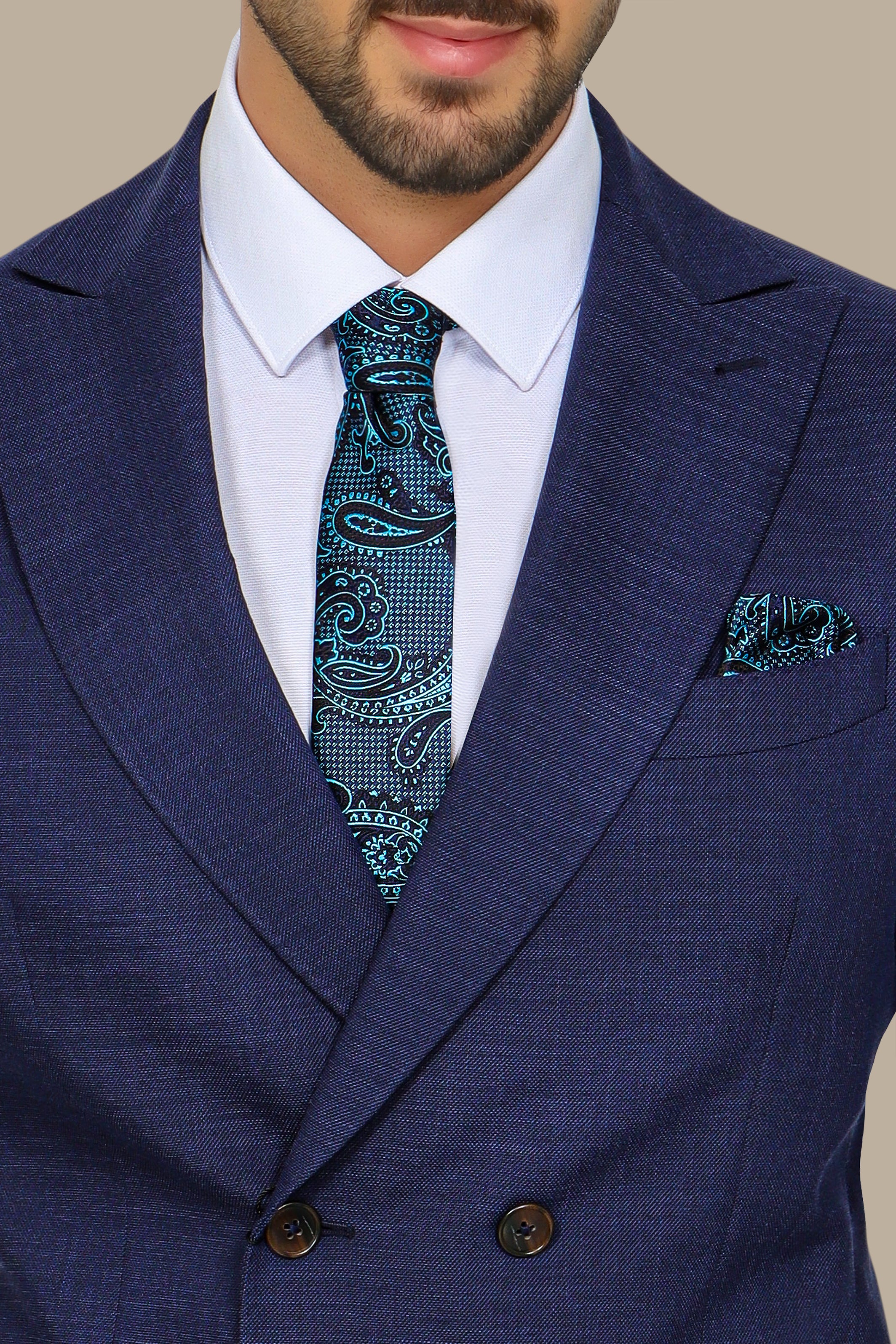 Navy Piquet Double-Breasted Suit with Peak Lapel