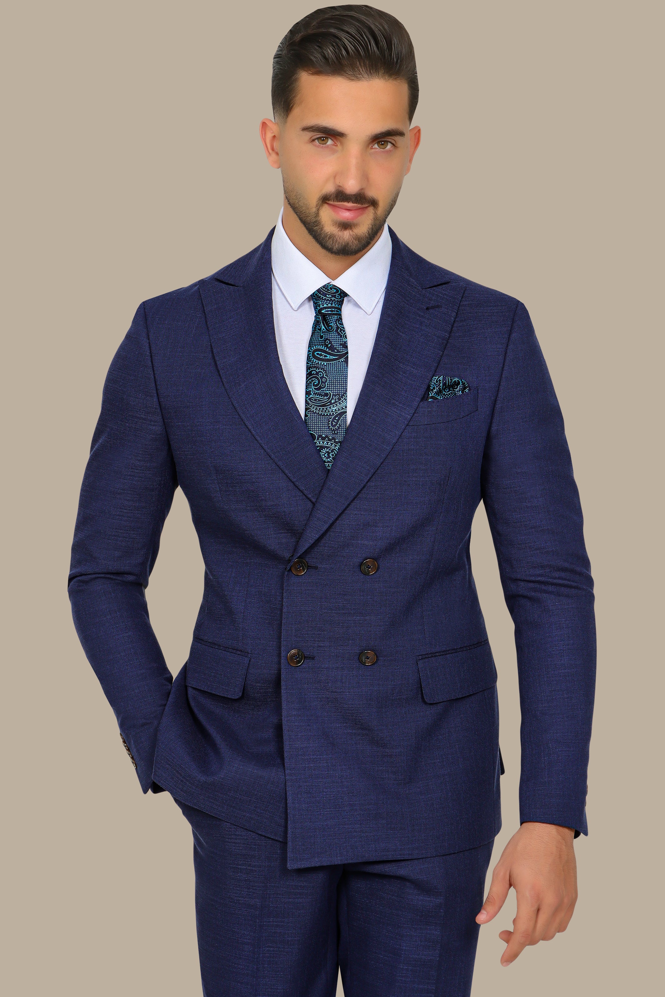 Navy Piquet Double-Breasted Suit with Peak Lapel