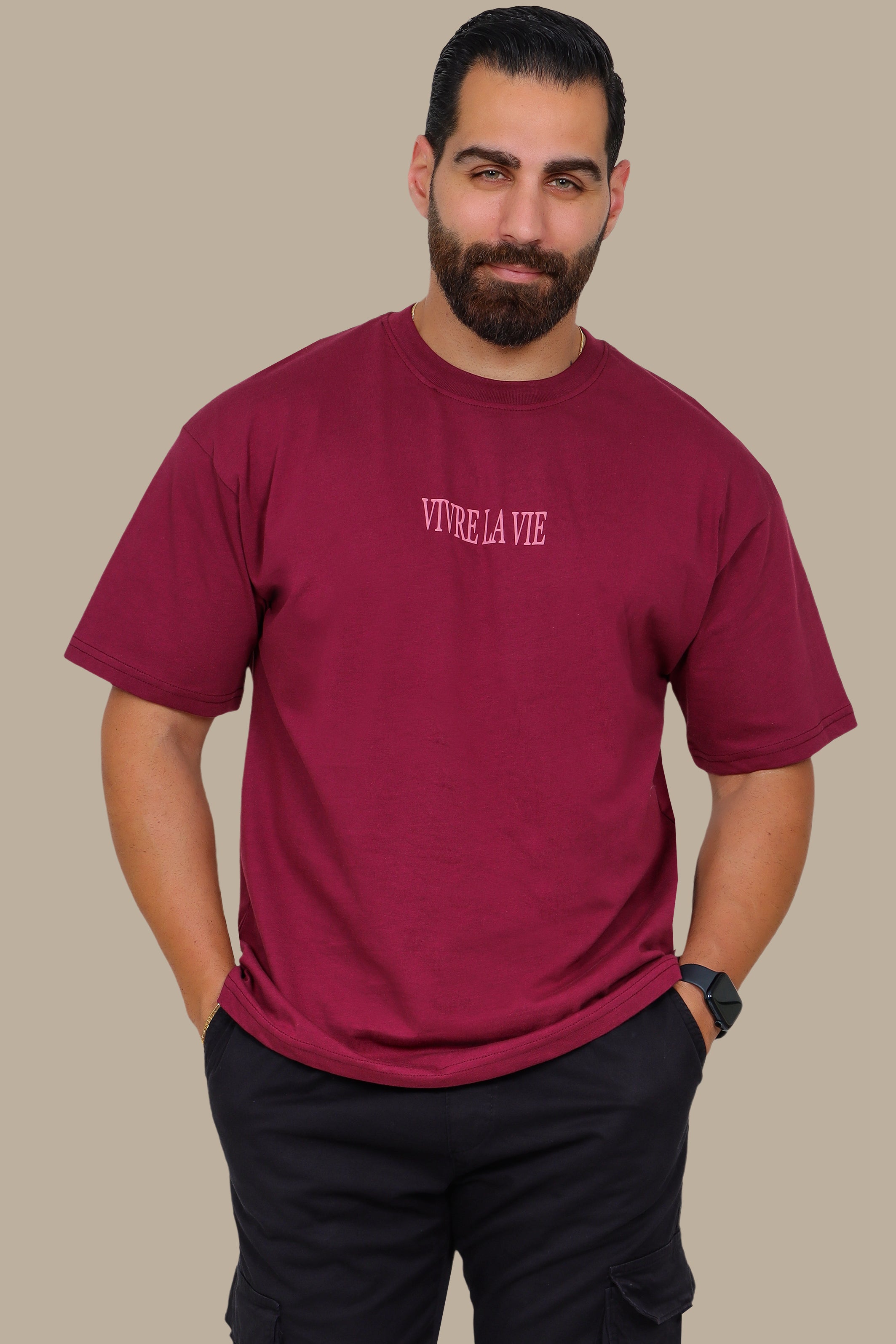Burgundy Oversized T-Shirt with Vivre La Vie Floral Print