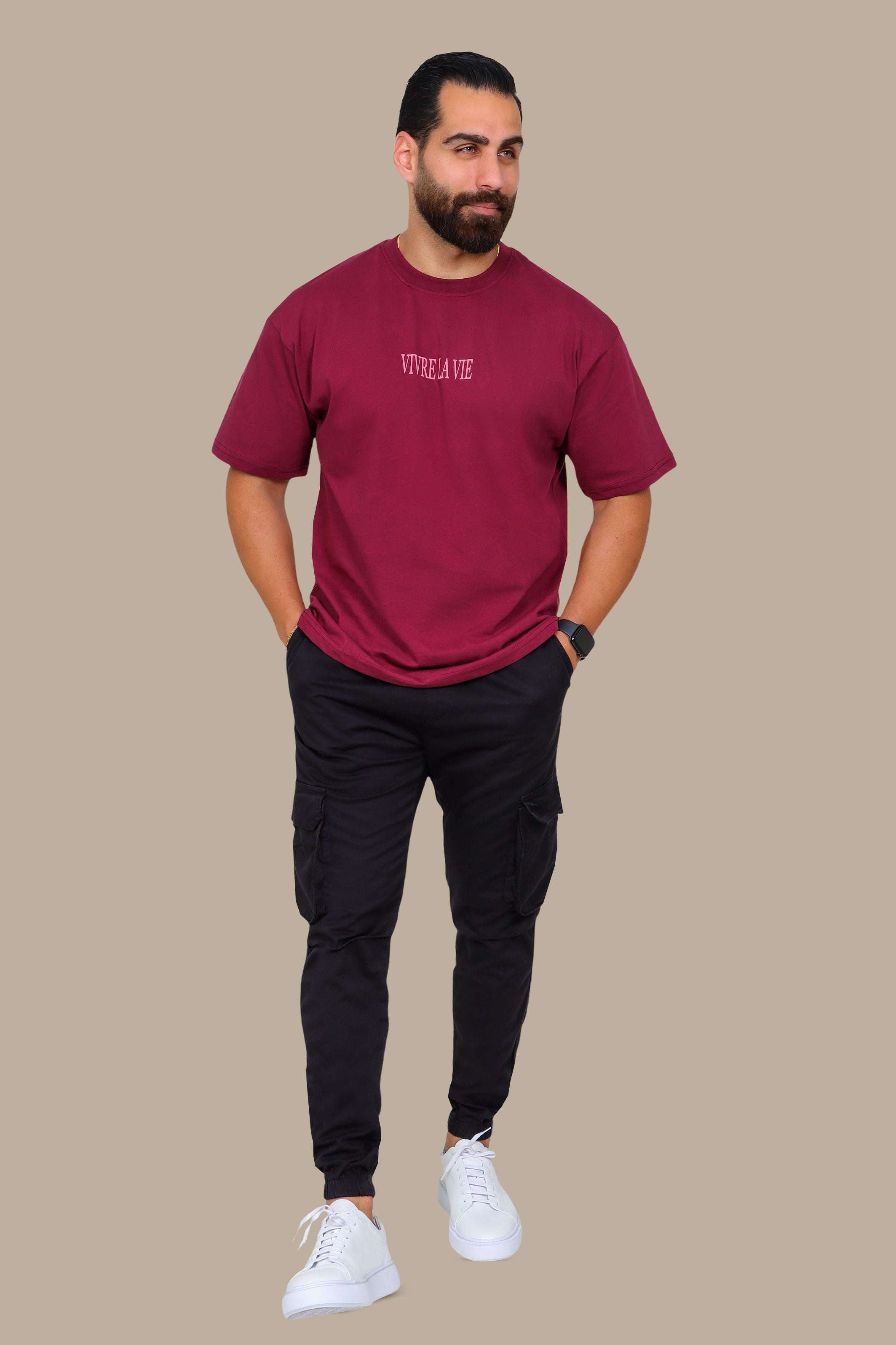 Burgundy Oversized T-Shirt with Vivre La Vie Floral Print
