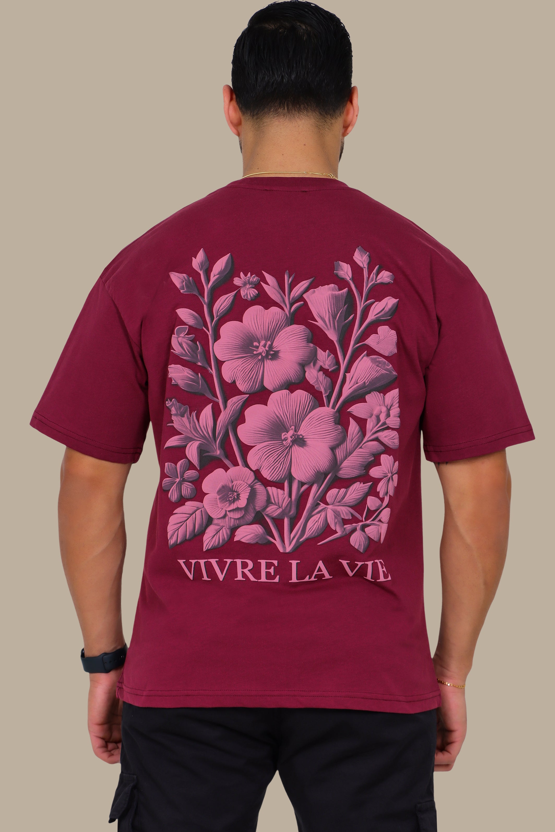 Burgundy Oversized T-Shirt with Vivre La Vie Floral Print