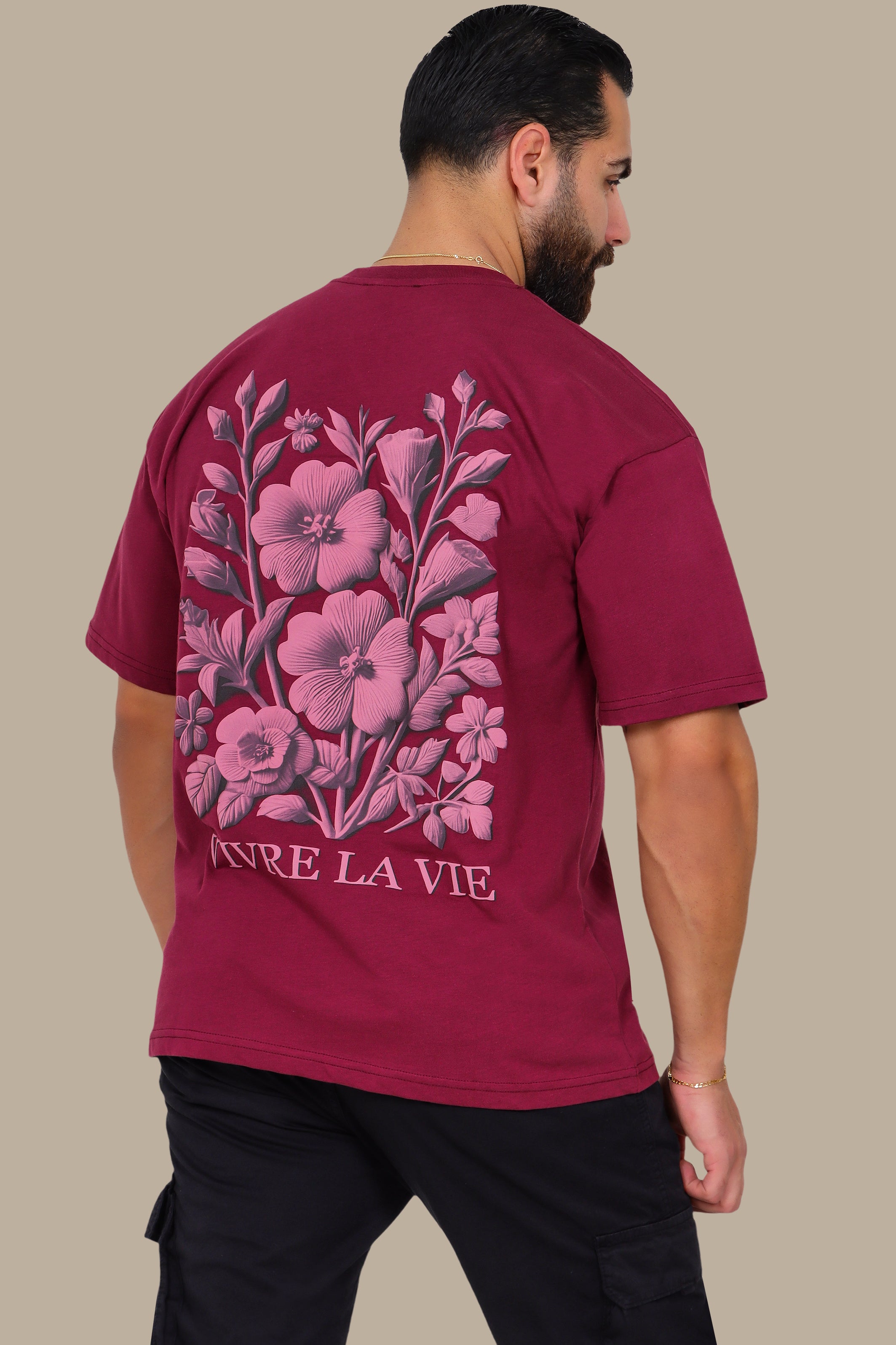 Burgundy Oversized T-Shirt with Vivre La Vie Floral Print