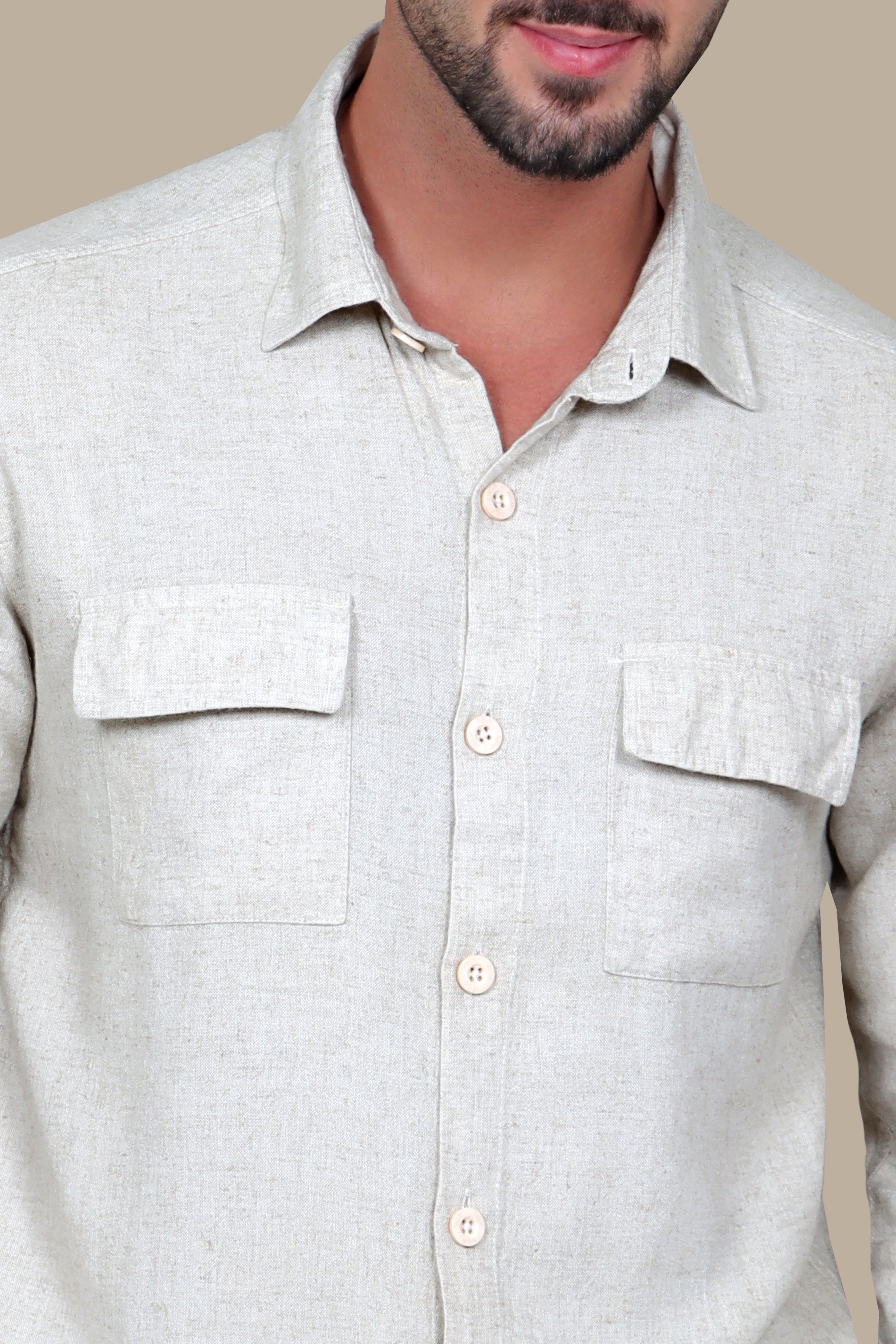 Classic Beige Linen Shirt with Flap Pockets