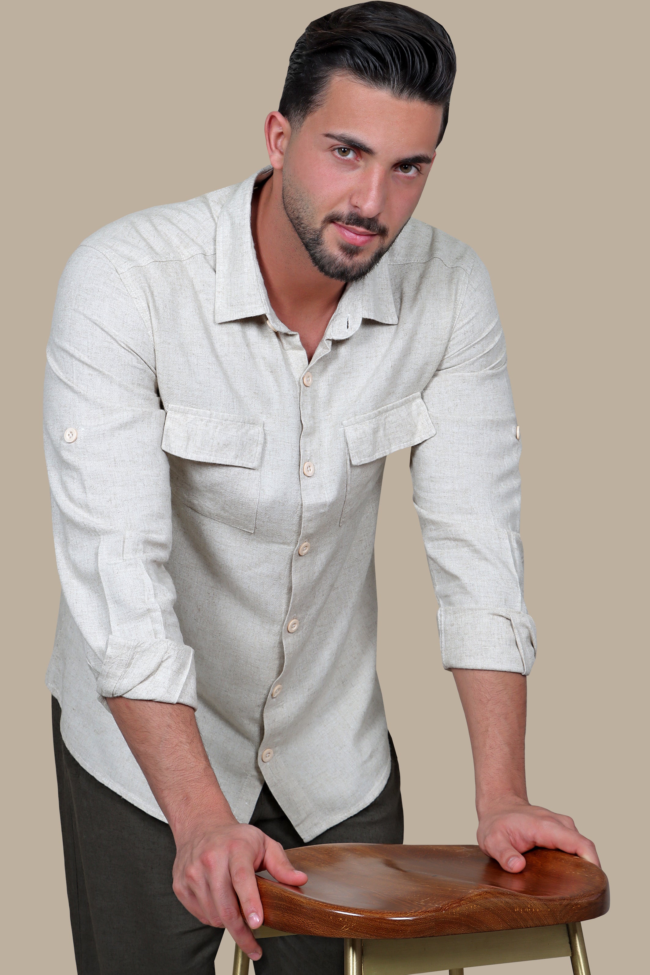 Classic Beige Linen Shirt with Flap Pockets