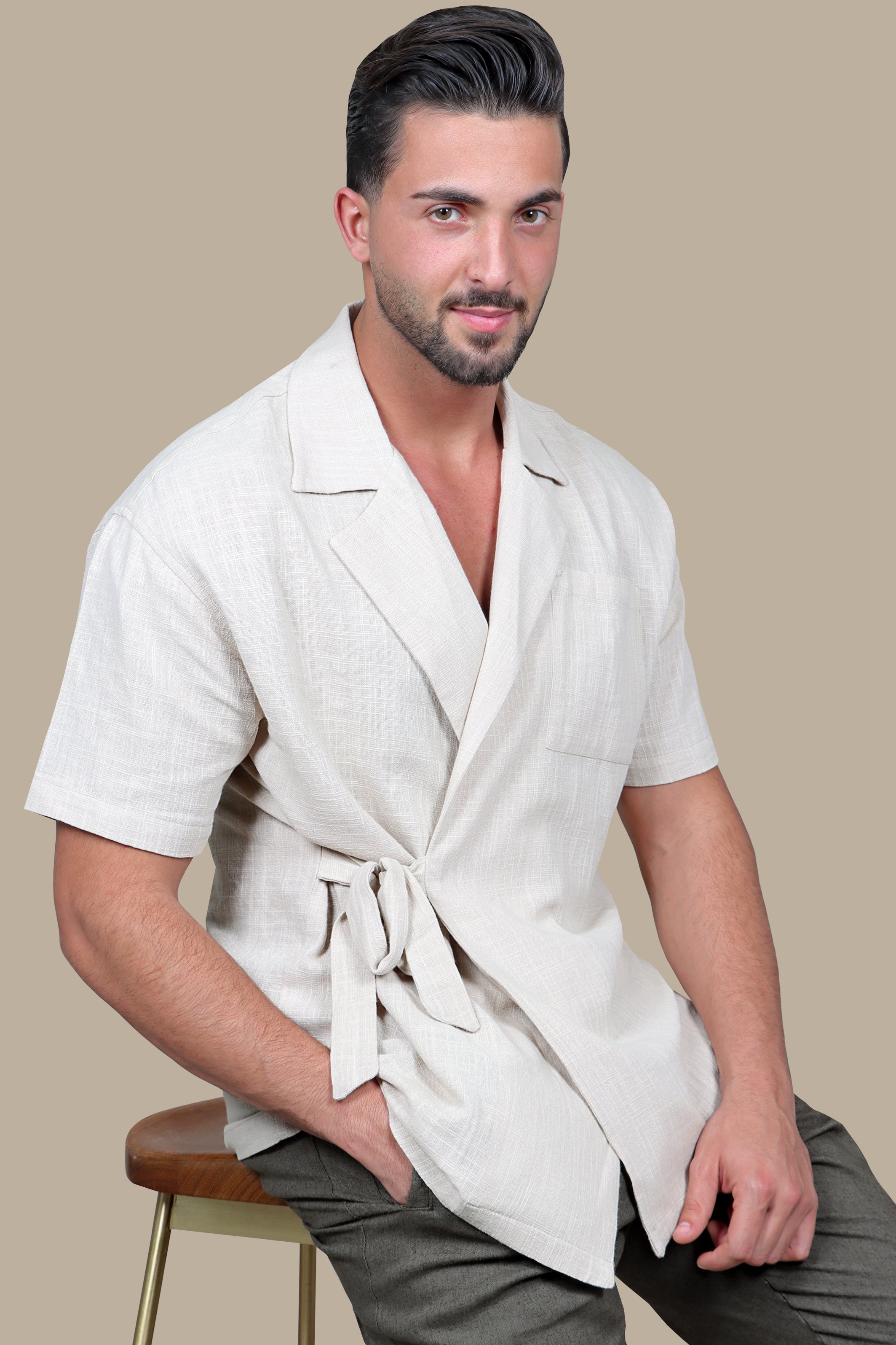 Beige Buckle-Up: The Practical Overshirt with Side Pocket