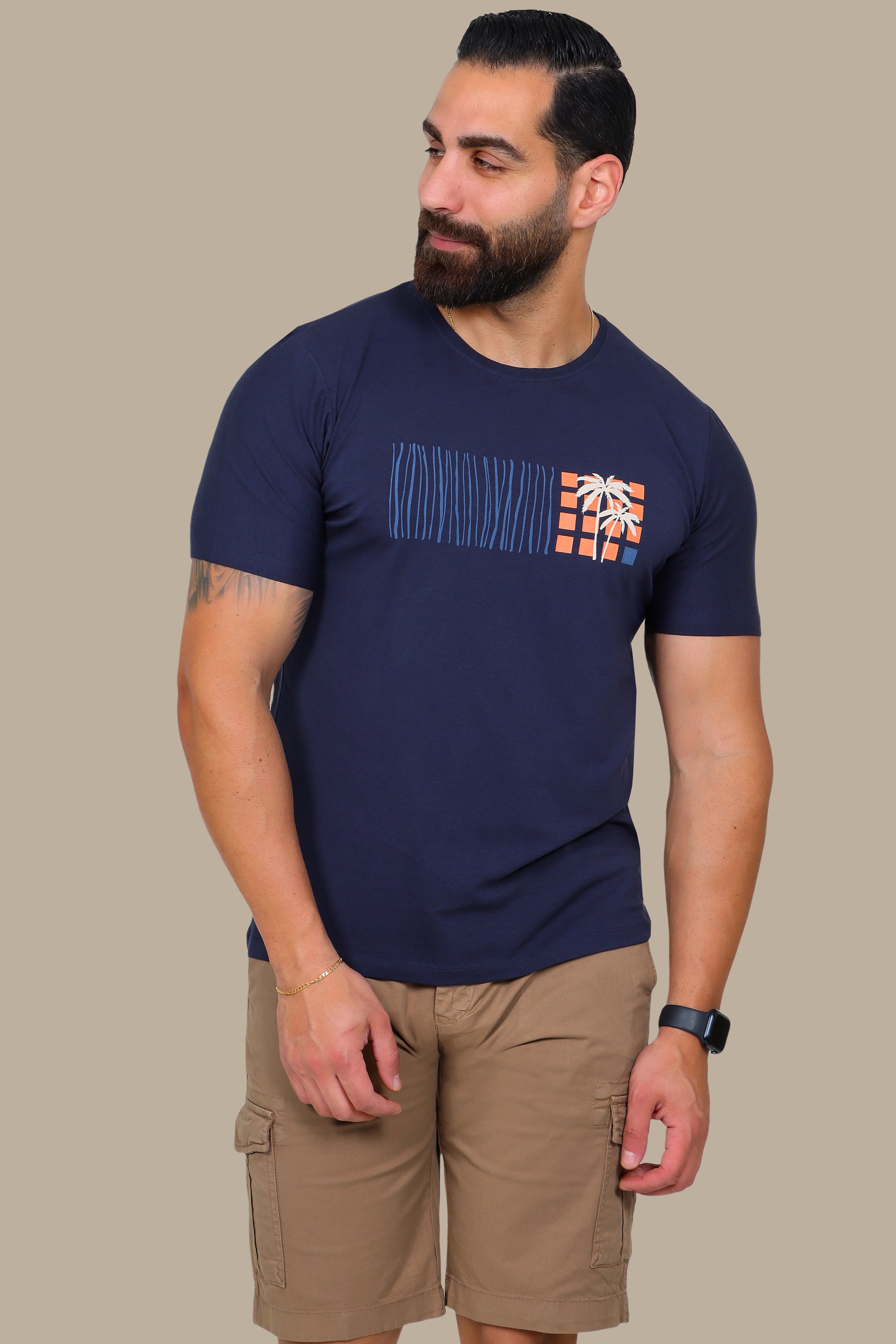 Navy T-Shirt with Palm Print