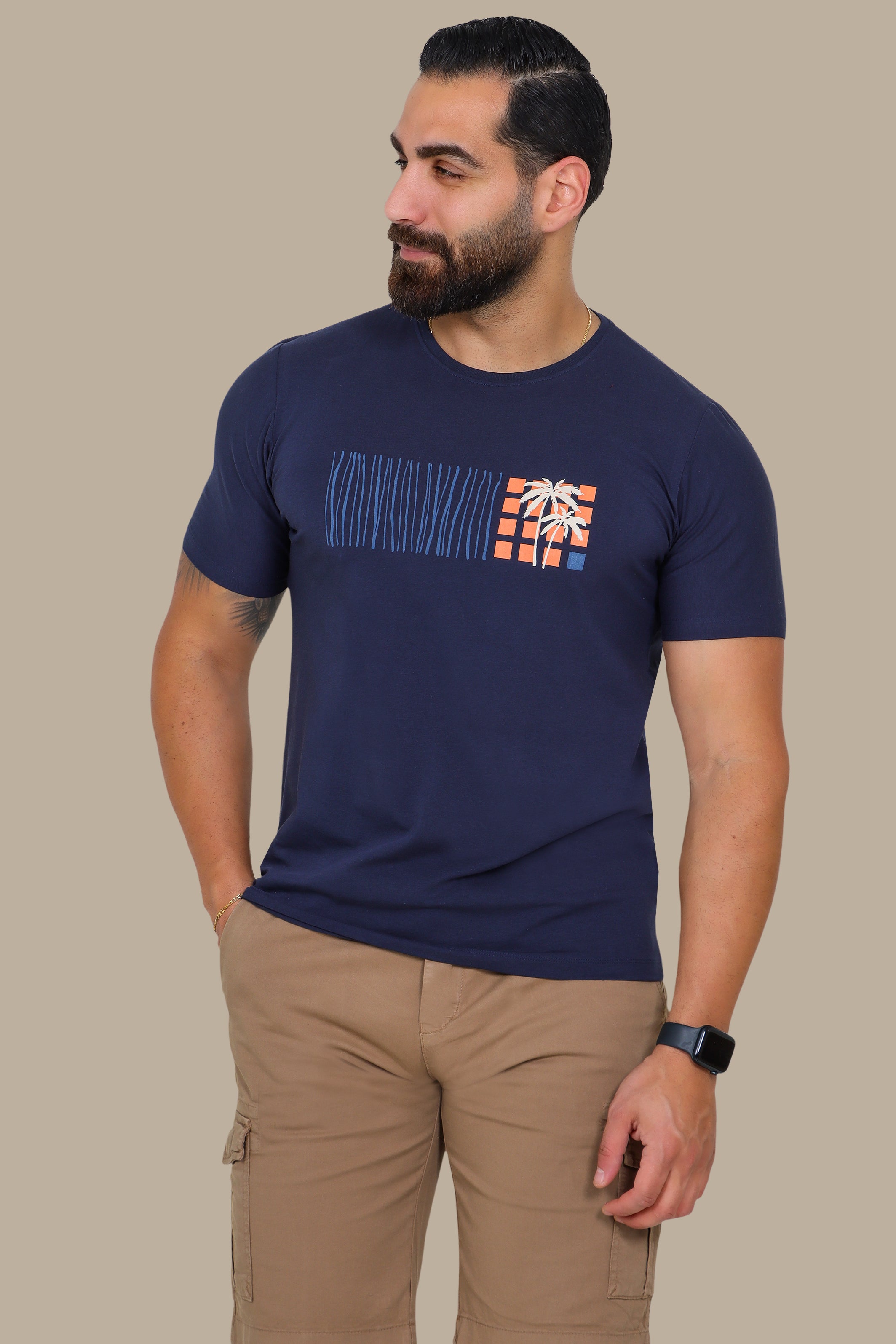 Navy T-Shirt with Palm Print