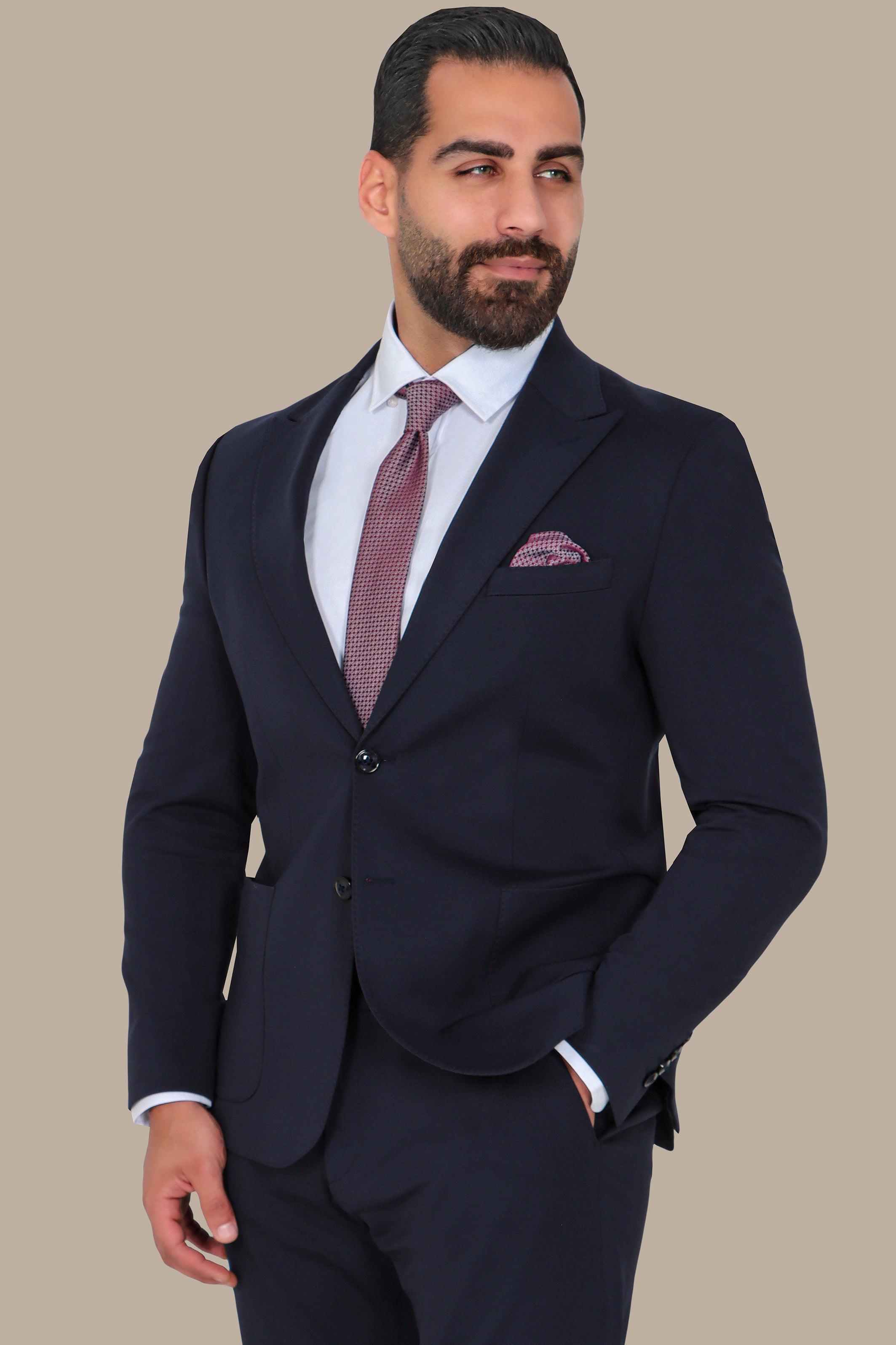 Modern Flex: 2-Piece Navy Lycra Suit with Peak Lapel