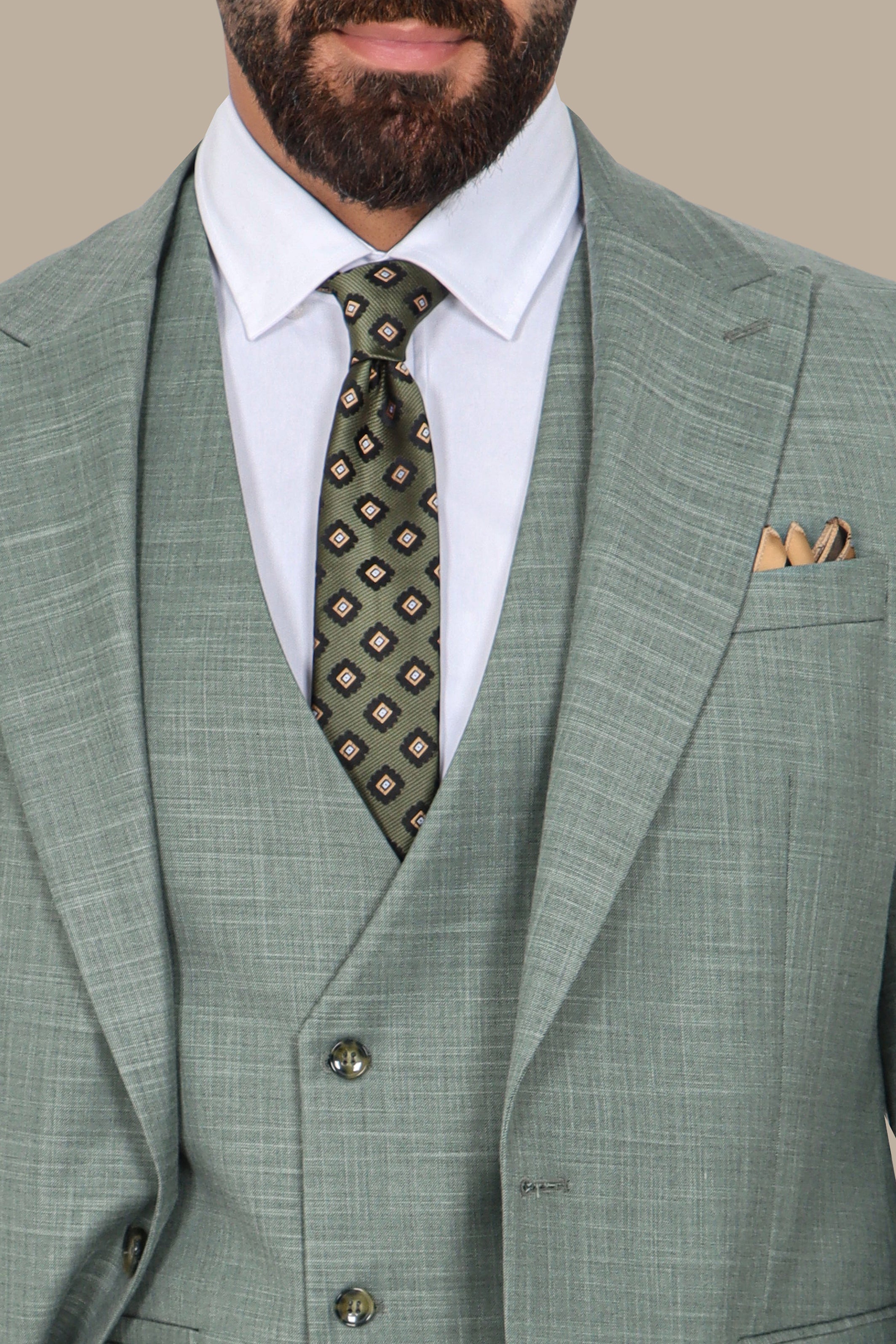 Light Green 3-Piece Suit: Fila Fabric with Peak Lapel