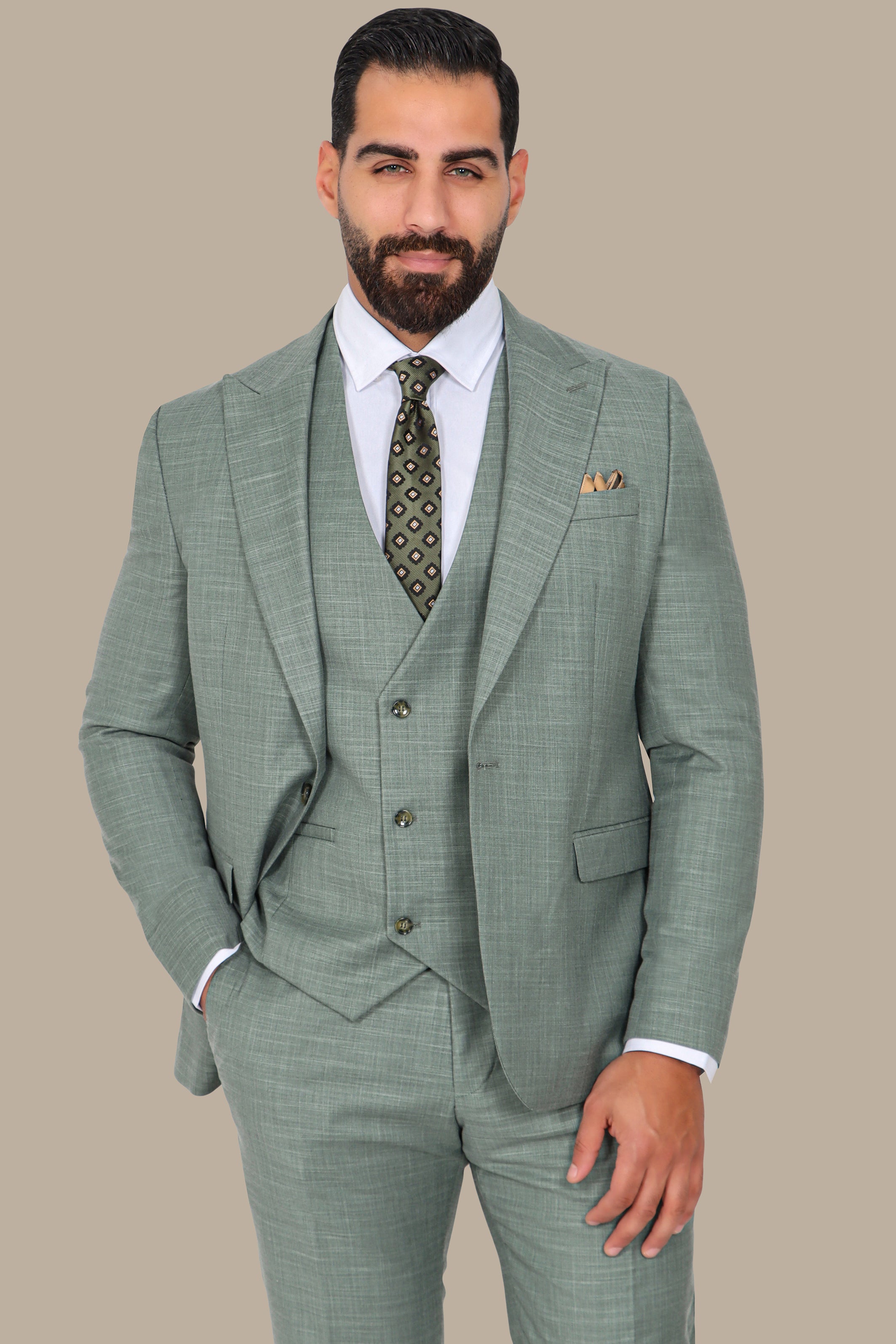 Light Green 3-Piece Suit: Fila Fabric with Peak Lapel