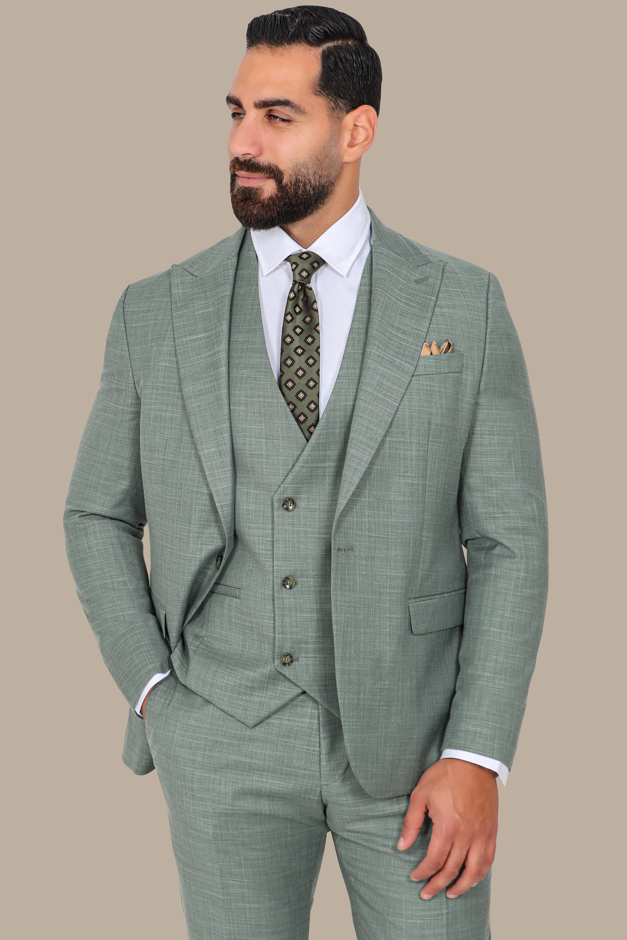 Light Green 3-Piece Suit: Fila Fabric with Peak Lapel