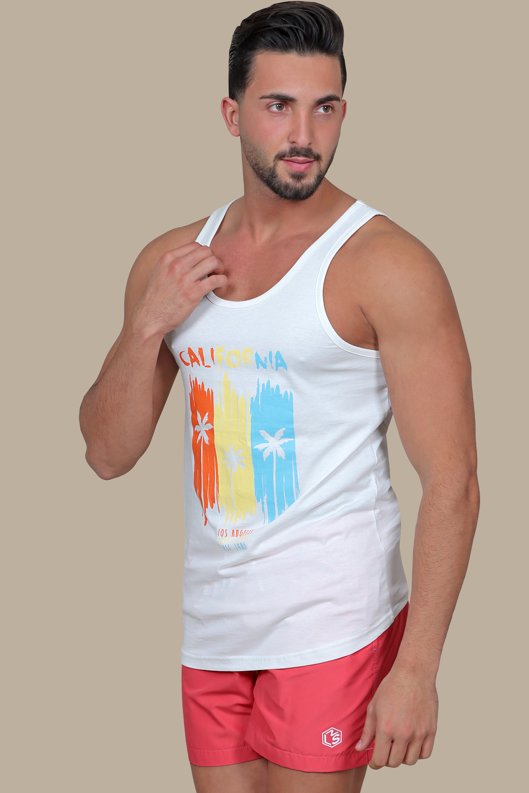 Three Palms Paradise: White Sleeveless Shirt