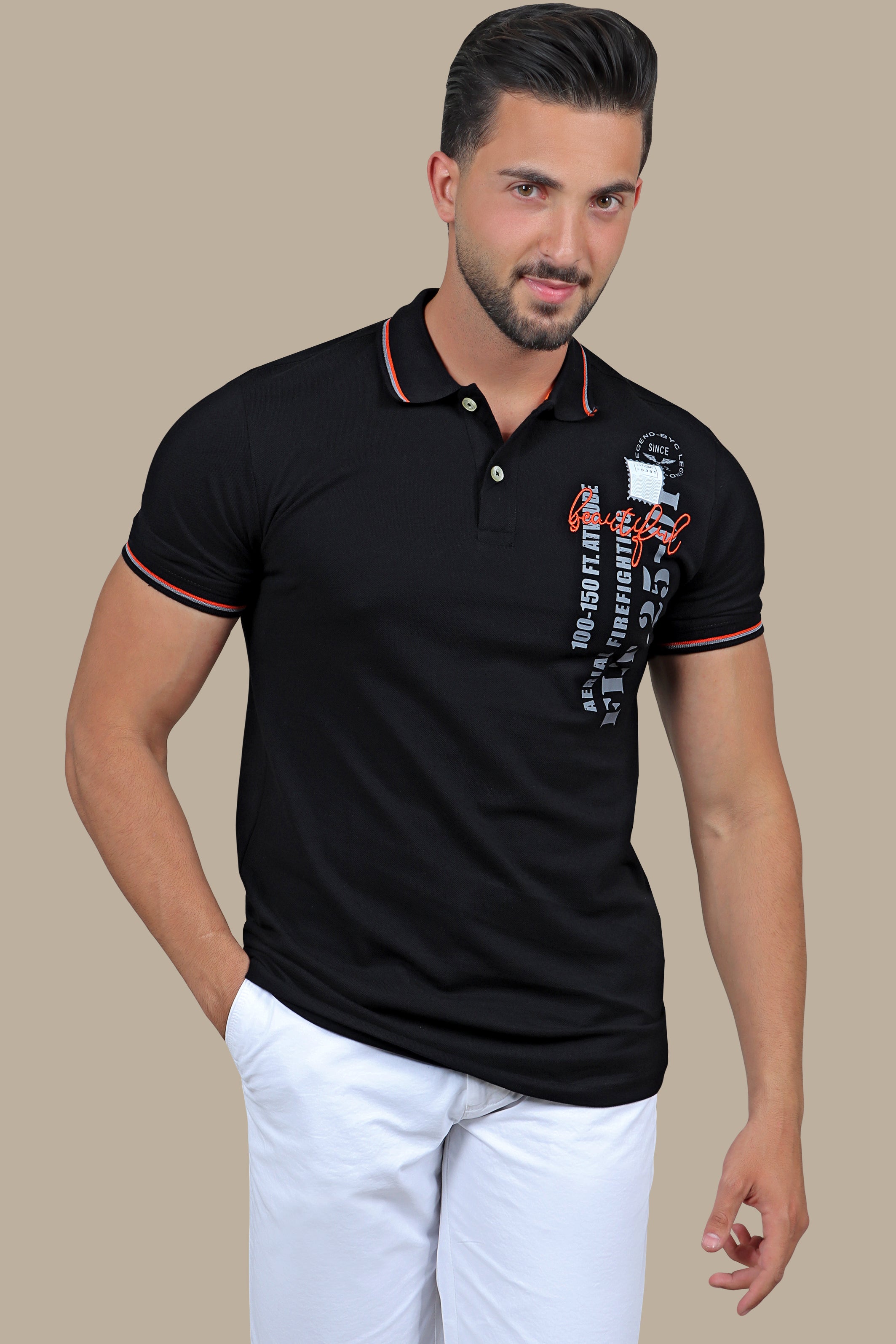 Chic Canvas: Black Polo with Beautiful Printed Patches