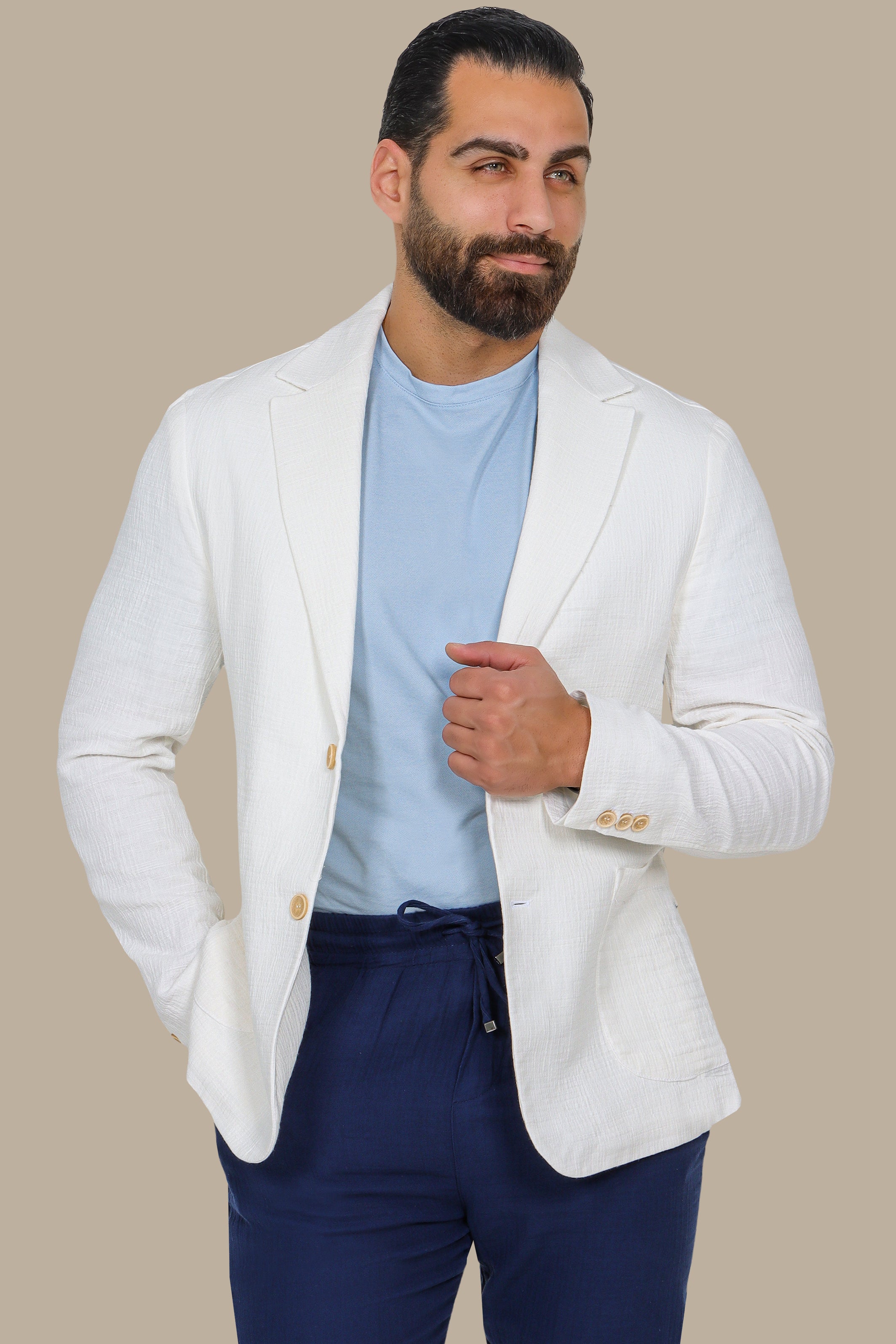 White Linen Blazer with Notch Lapel