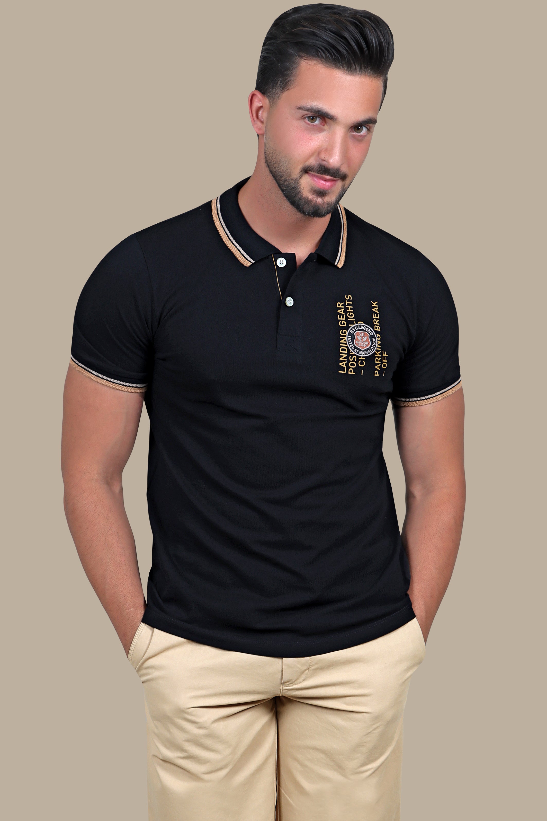 Urban Explorer: Black Polo with Printed Patches