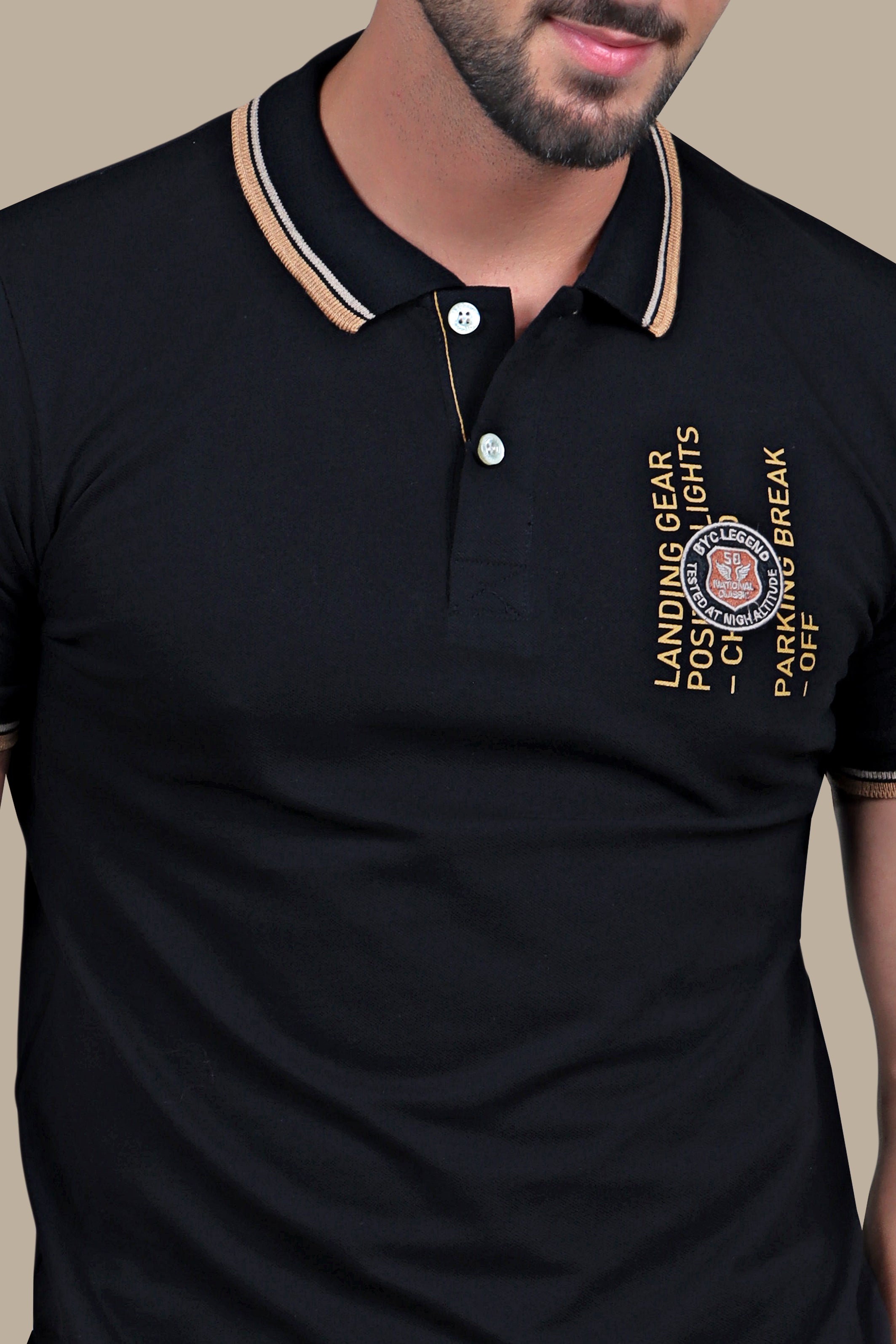 Urban Explorer: Black Polo with Printed Patches