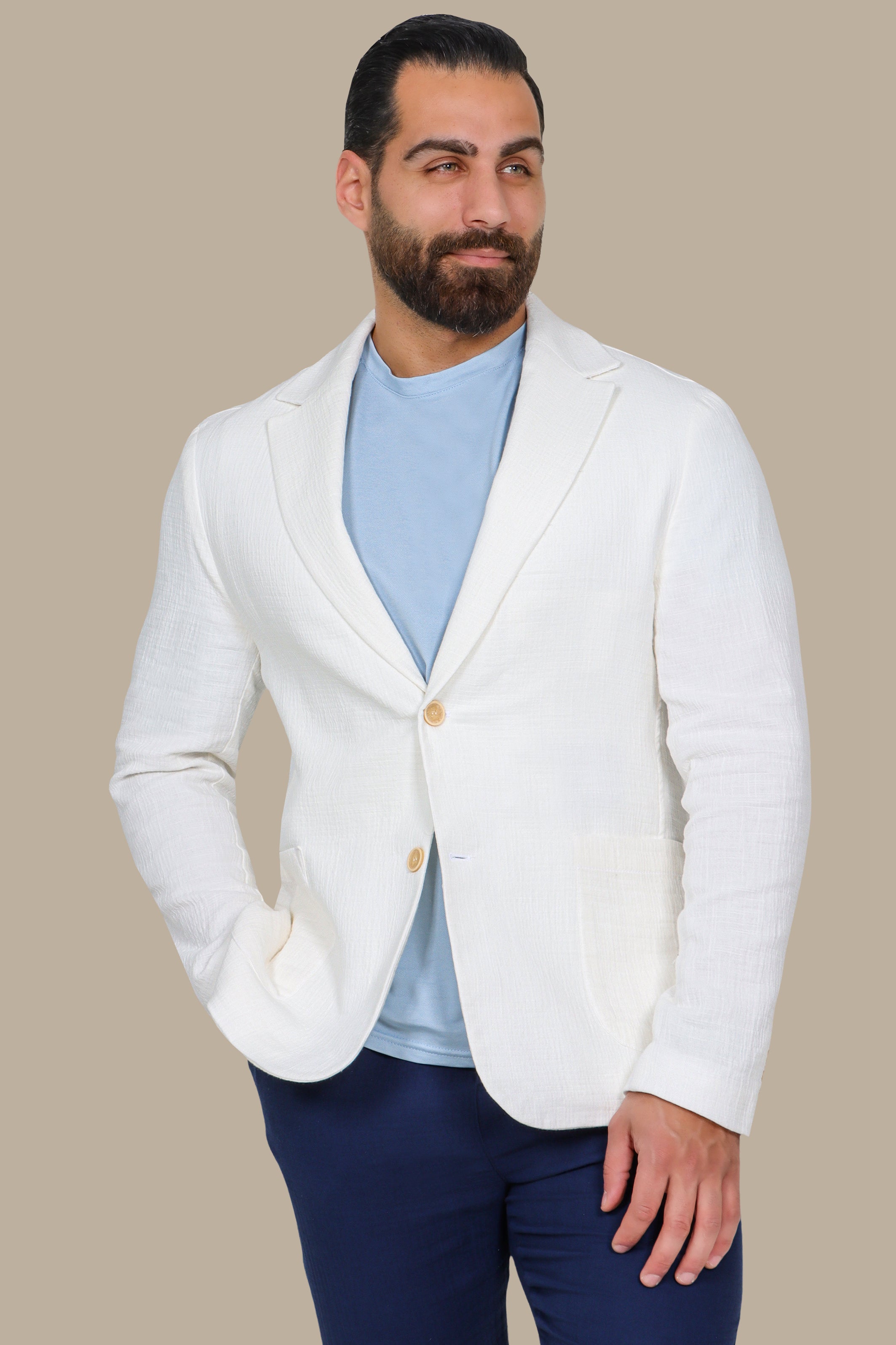 White Linen Blazer with Notch Lapel