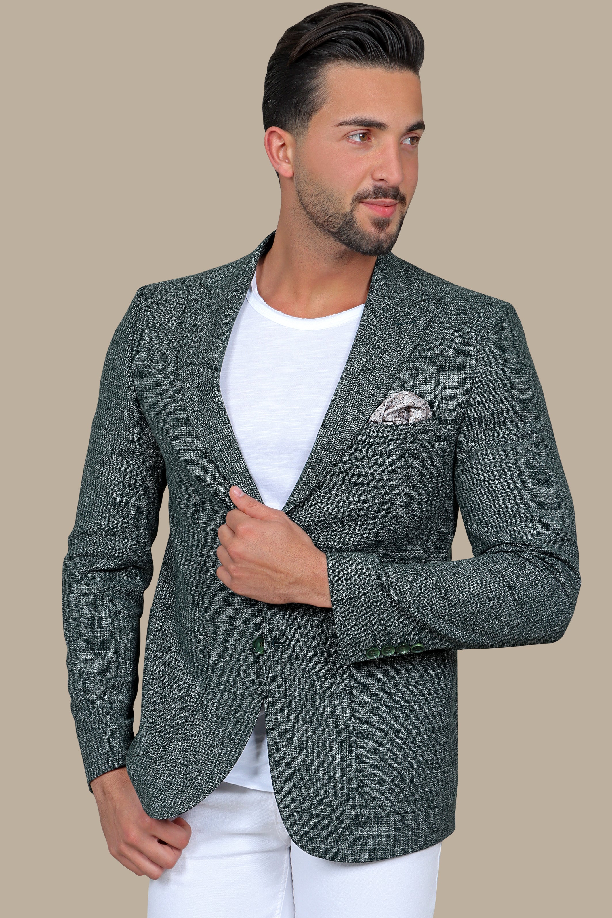 Green Cotton Fil-a-Fil Blazer with Peak Lapel