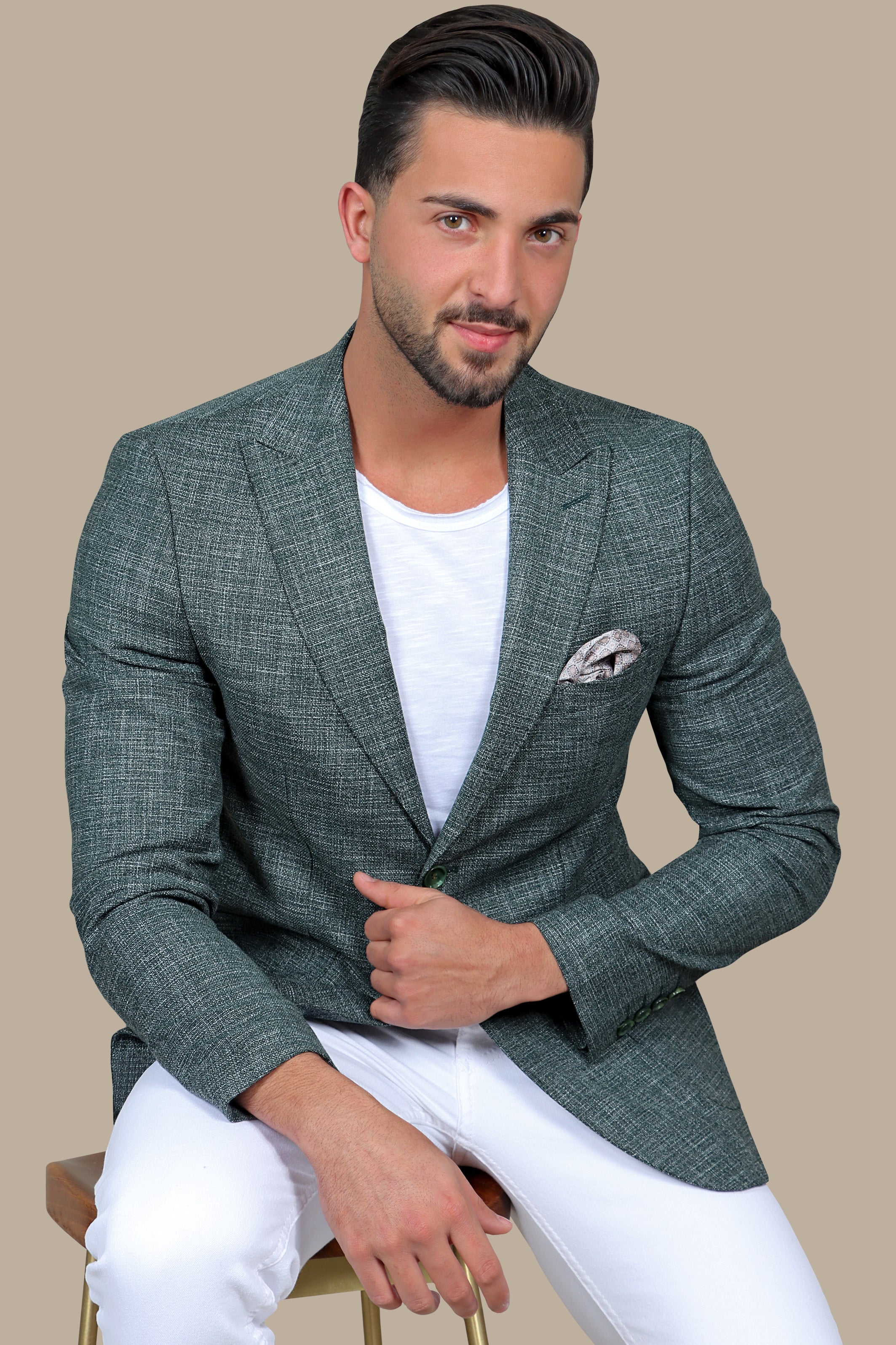 Green Cotton Fil-a-Fil Blazer with Peak Lapel