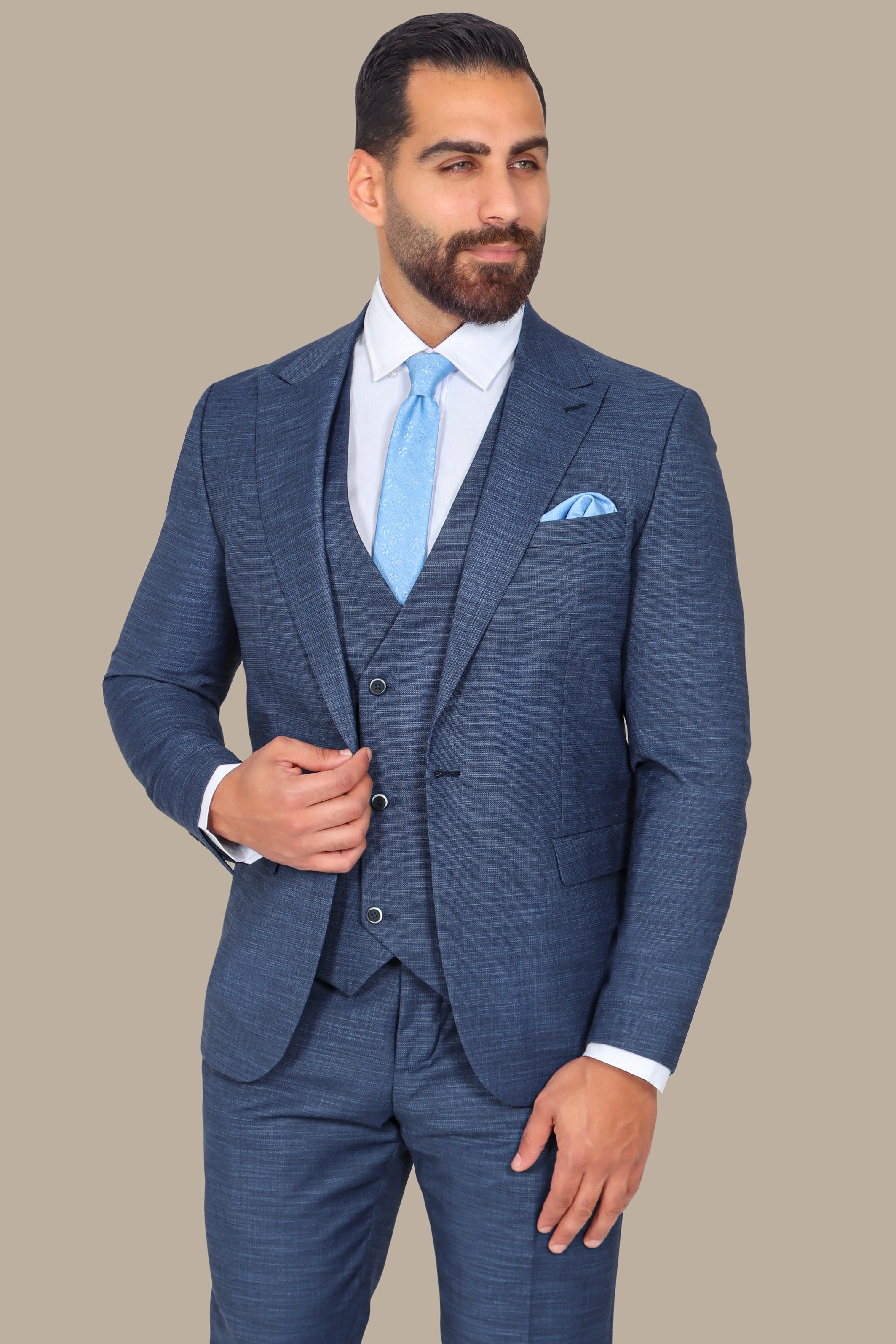 Blue 3-Piece Suit: Fila Fabric with Peak Lapel