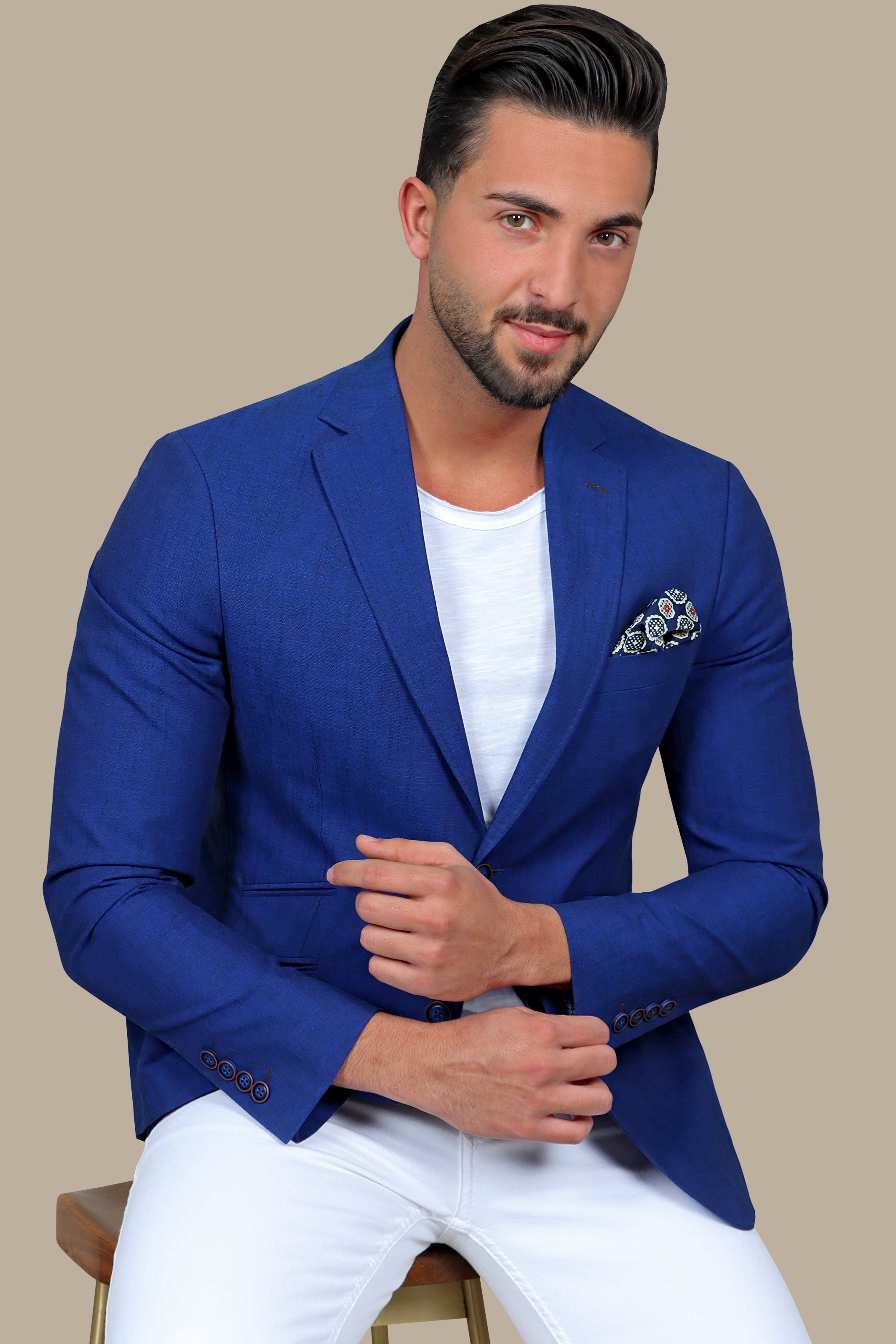 Indigo Elegance: Linen Blazer with Slanted Detail