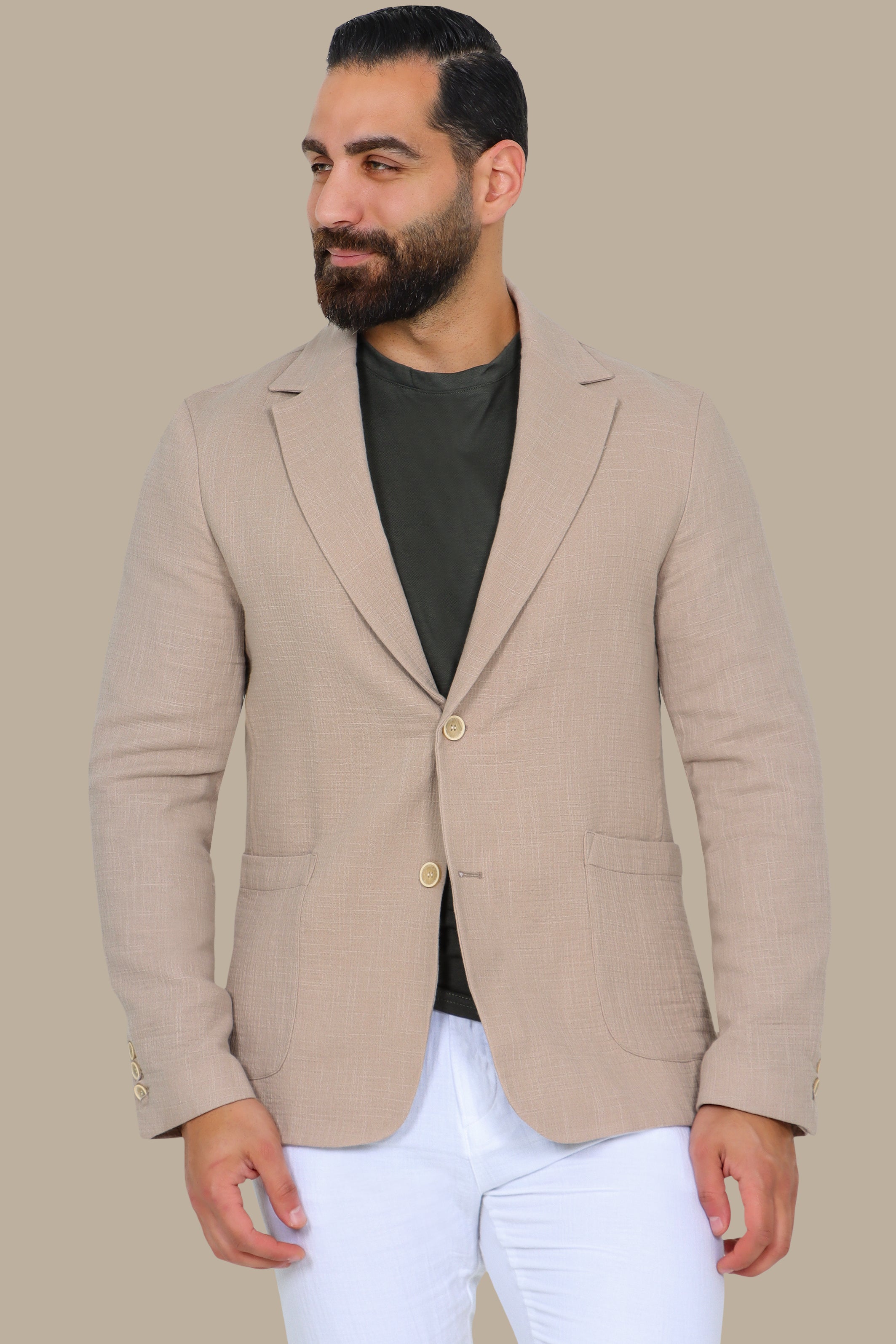 Beige Linen Blazer with Notch Lapel