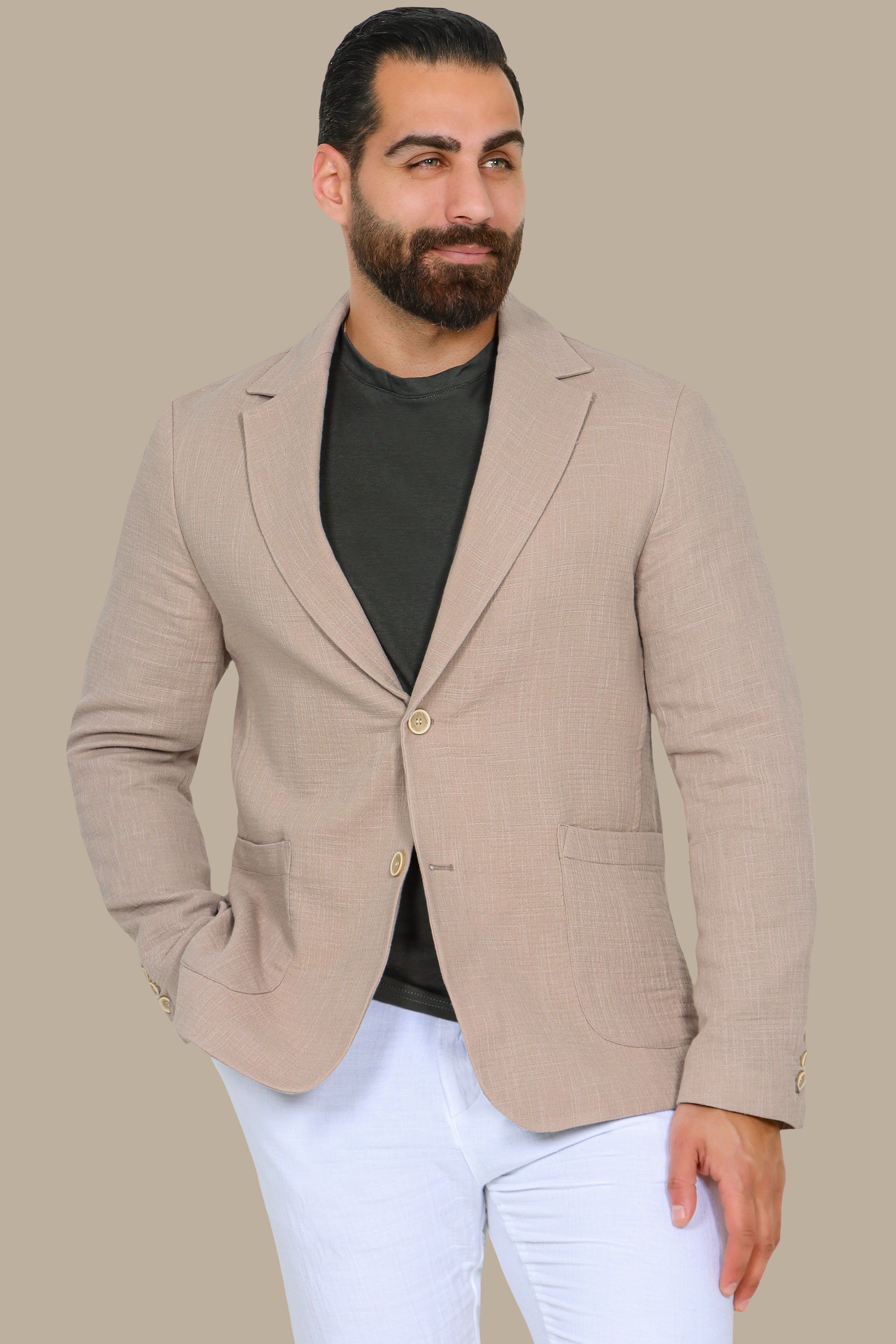 Beige Linen Blazer with Notch Lapel