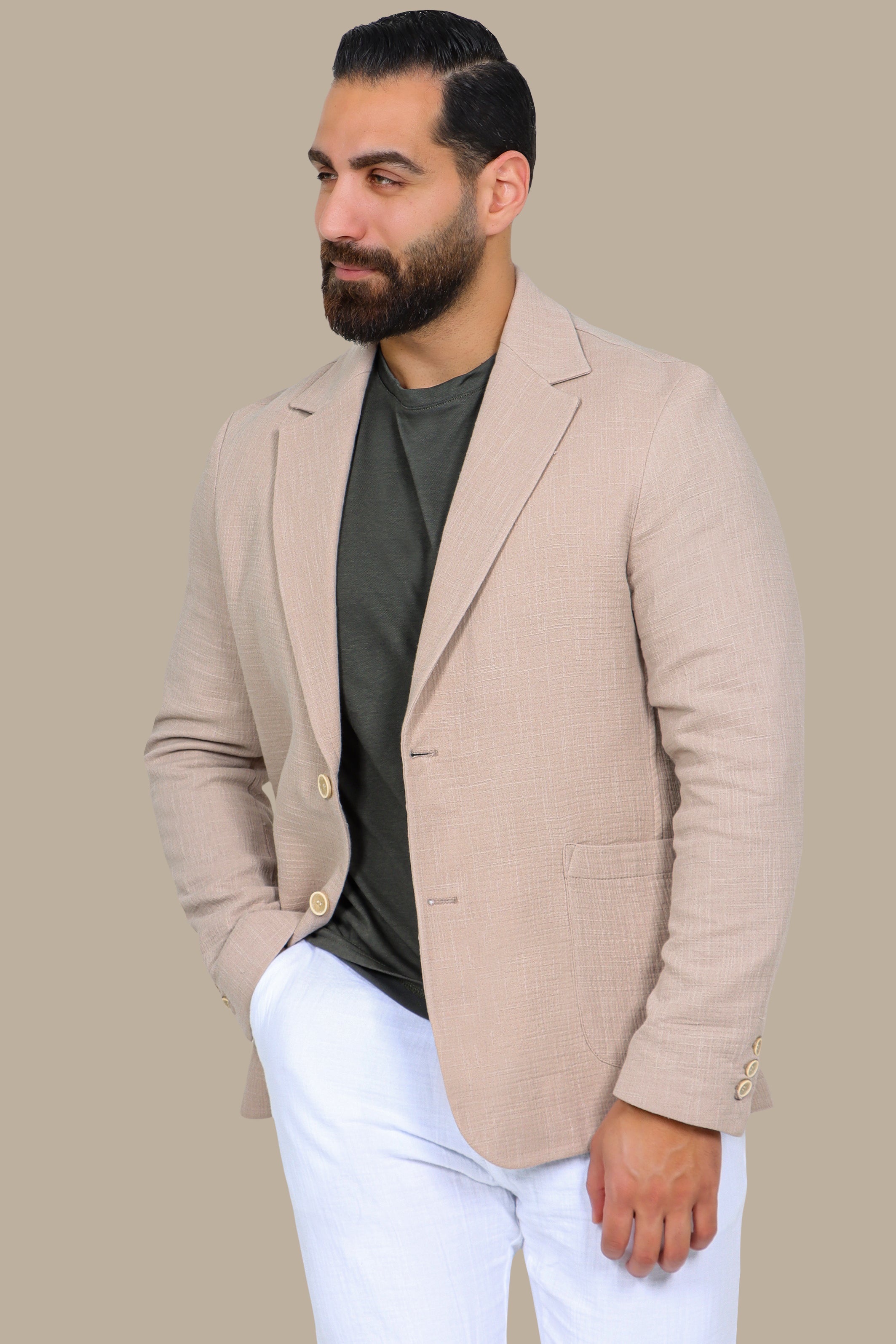 Beige Linen Blazer with Notch Lapel