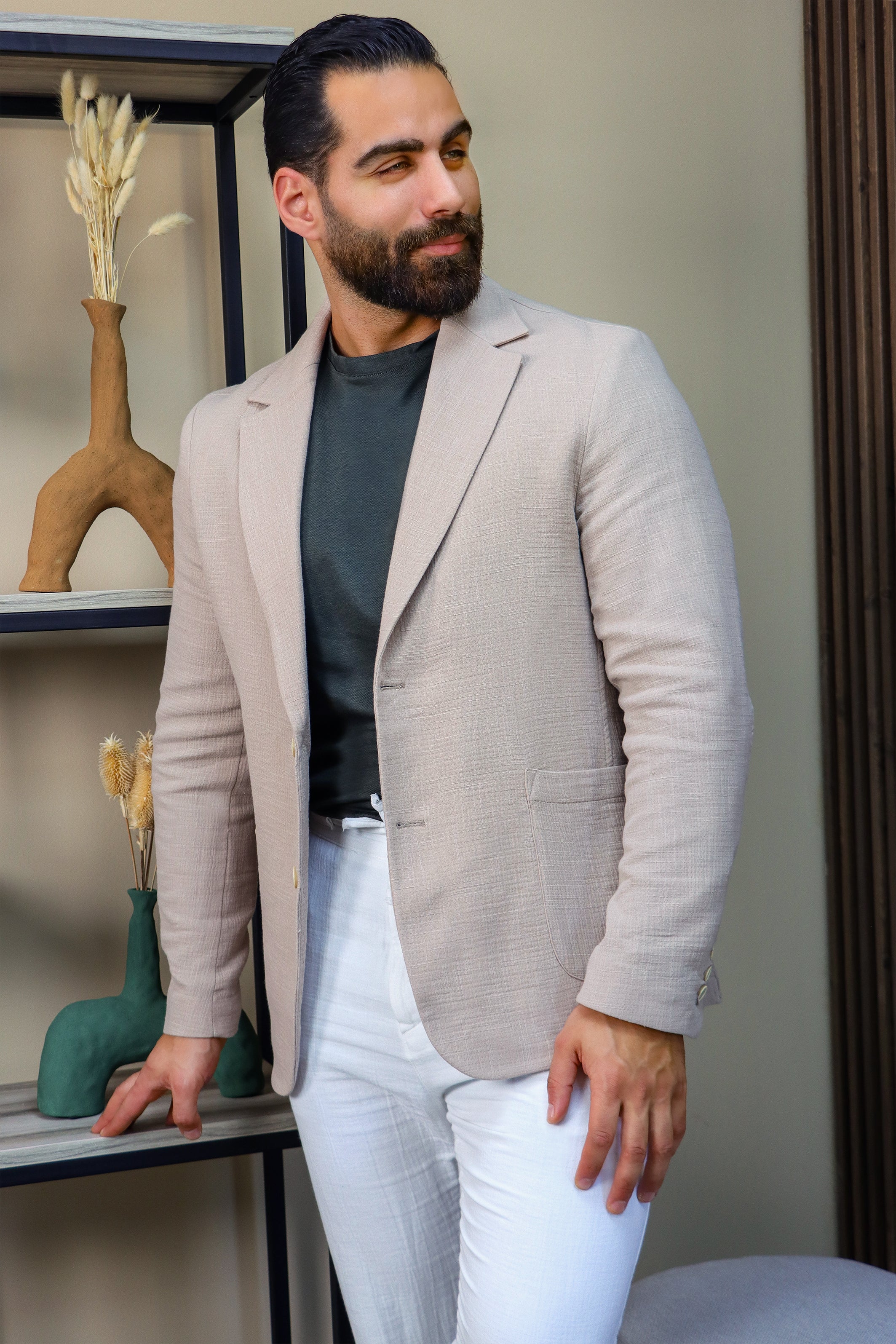 Beige Linen Blazer with Notch Lapel