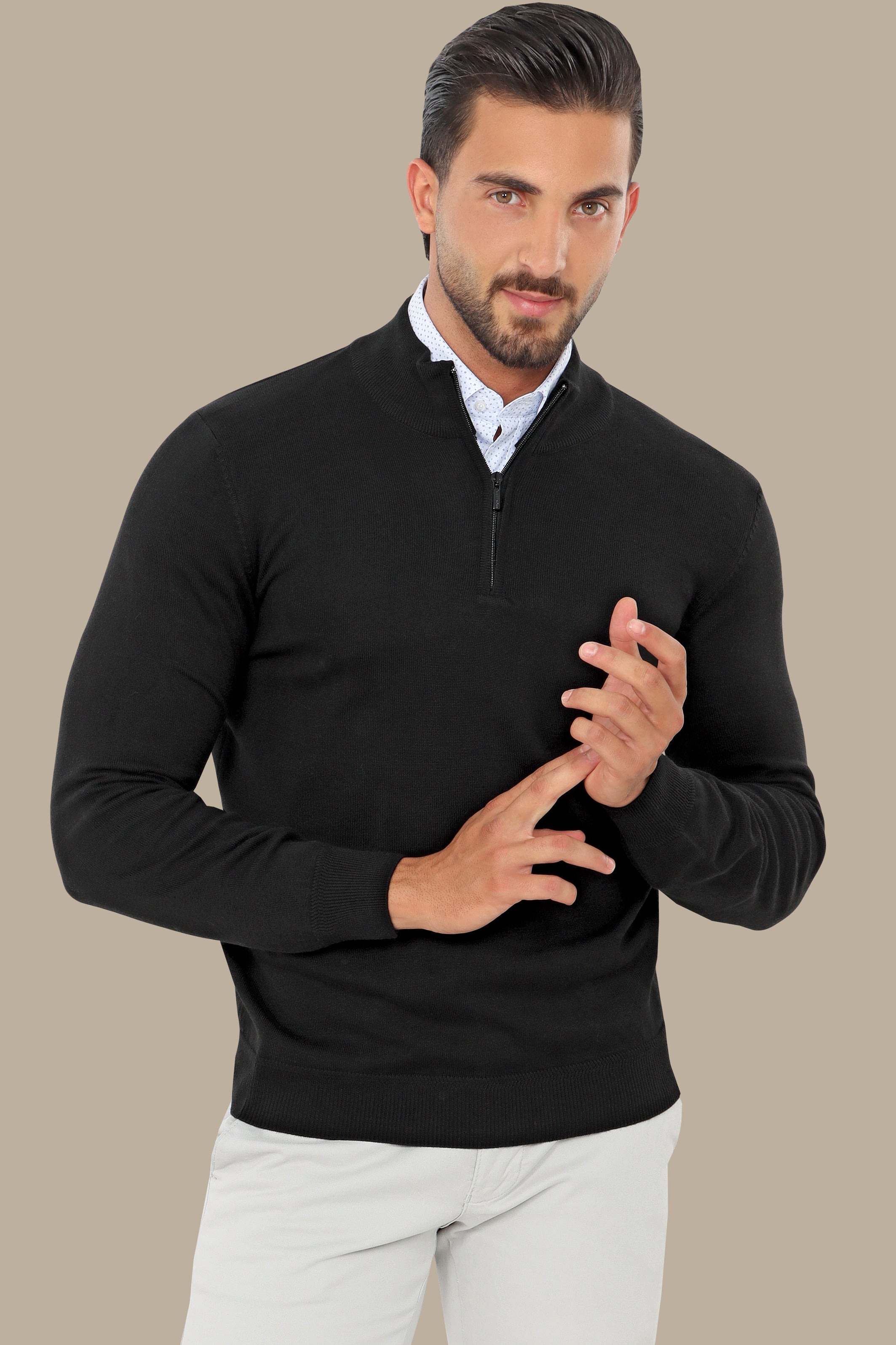 Black Half Zipper Cotton Sweater