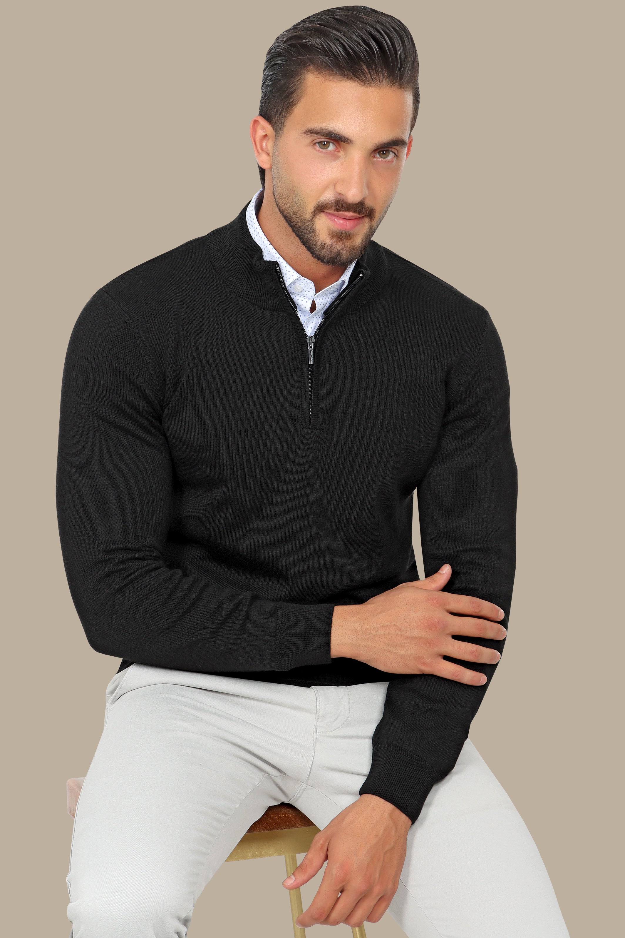 Black Half Zipper Cotton Sweater