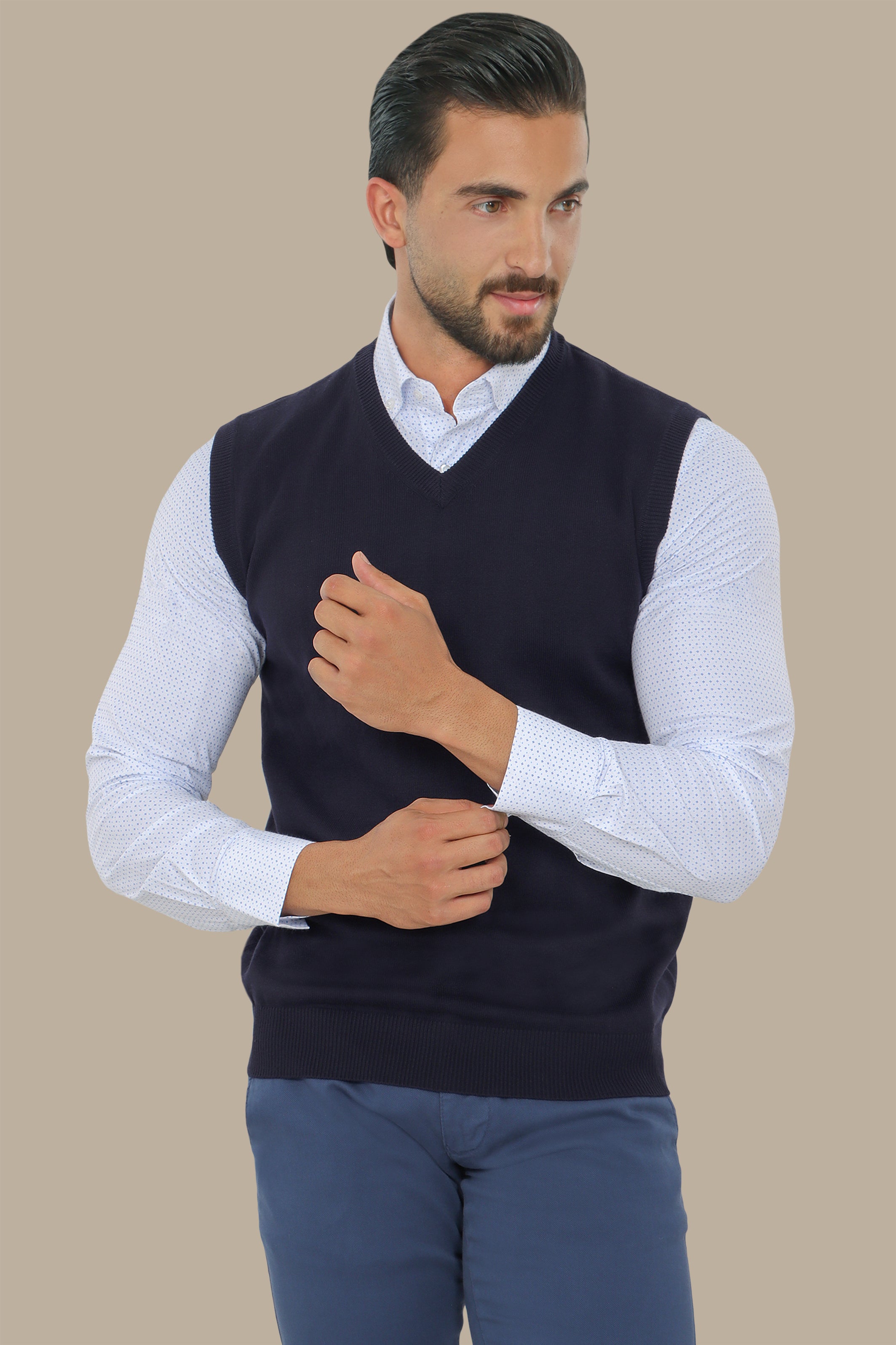 Brown V-Neck Piping Sweater Vest