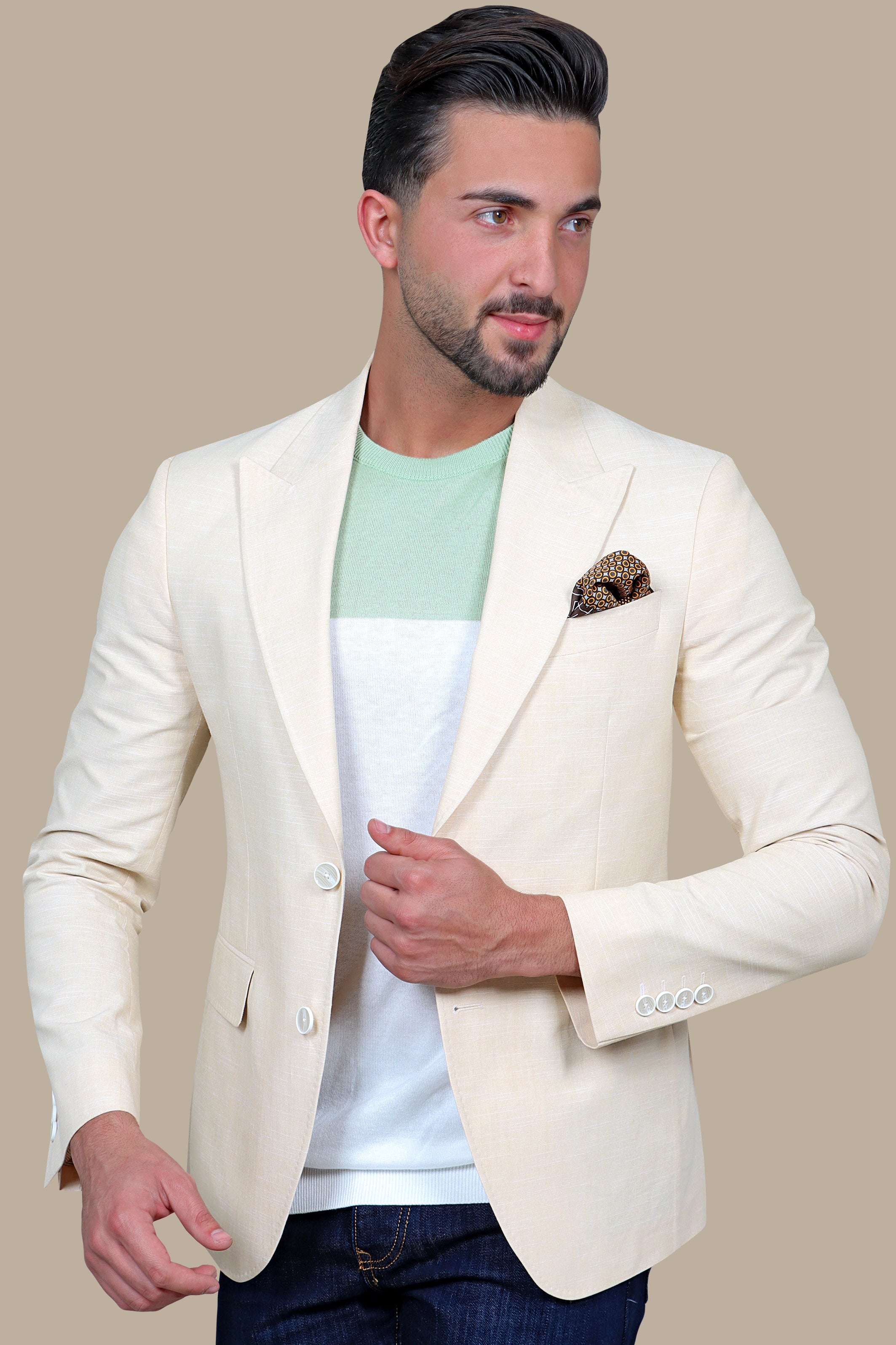 Beige Linen Peak Lapel Blazer