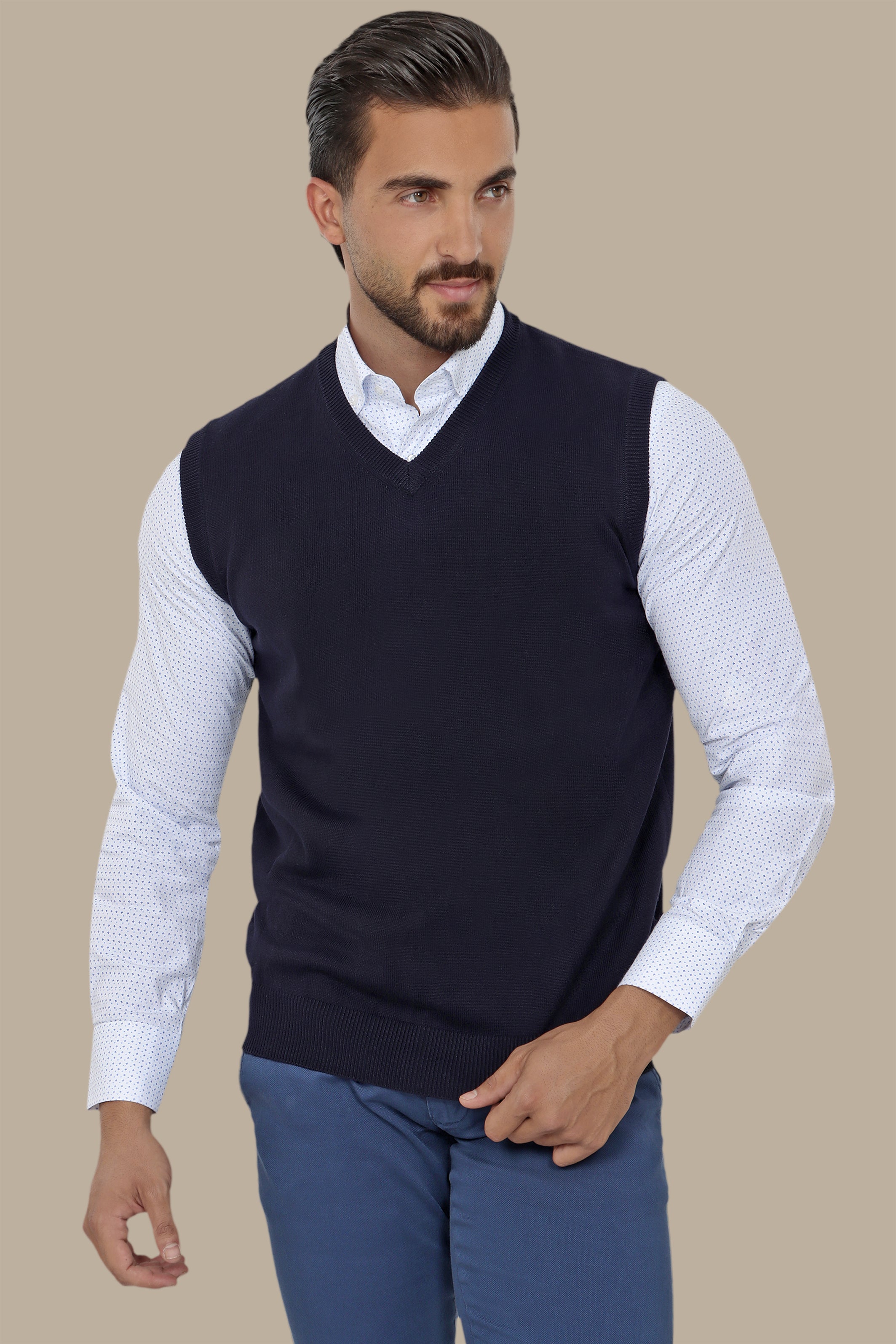 Brown V-Neck Piping Sweater Vest