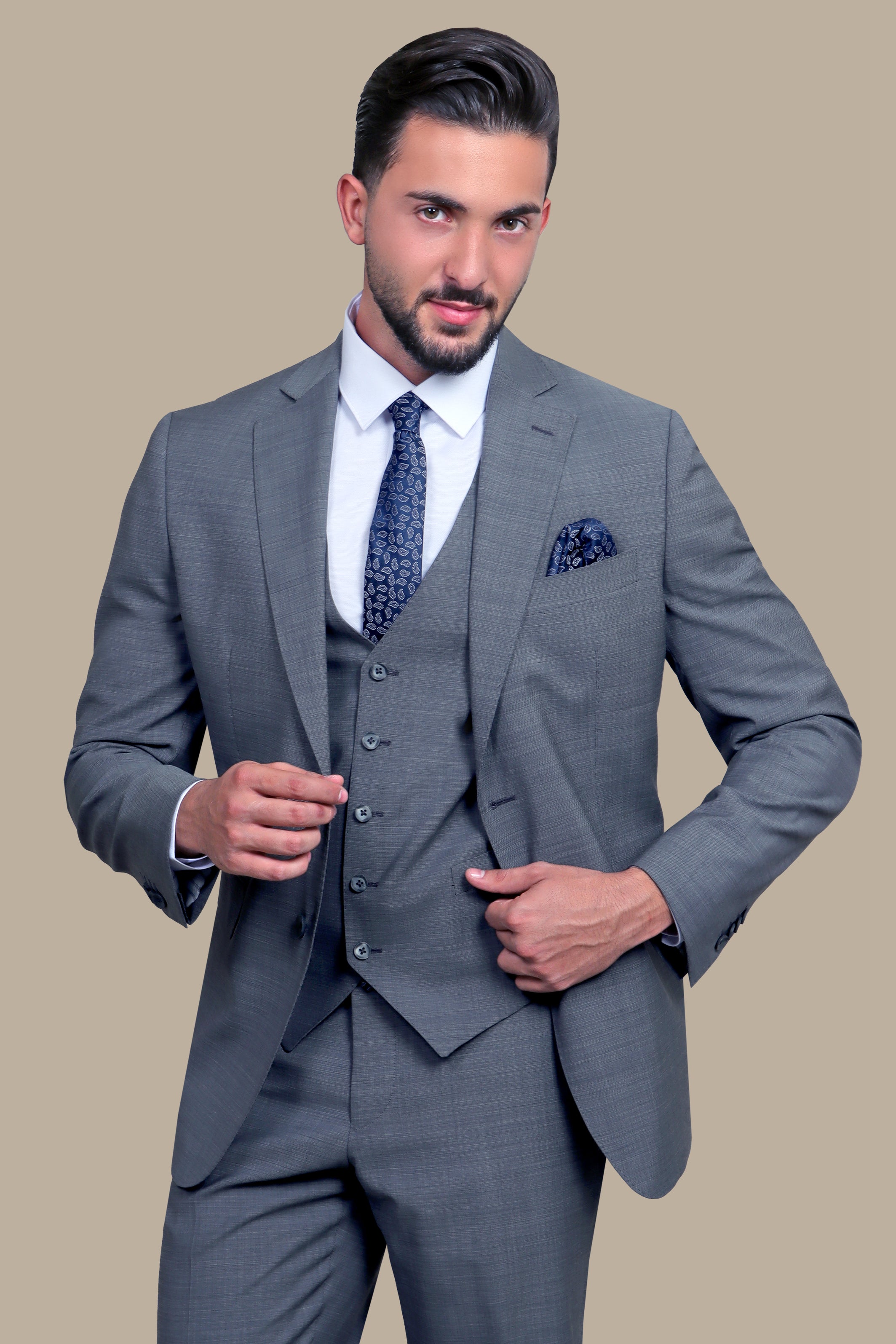 Timeless Charisma: Grey Wool Notch Filafil 3-Piece Suit