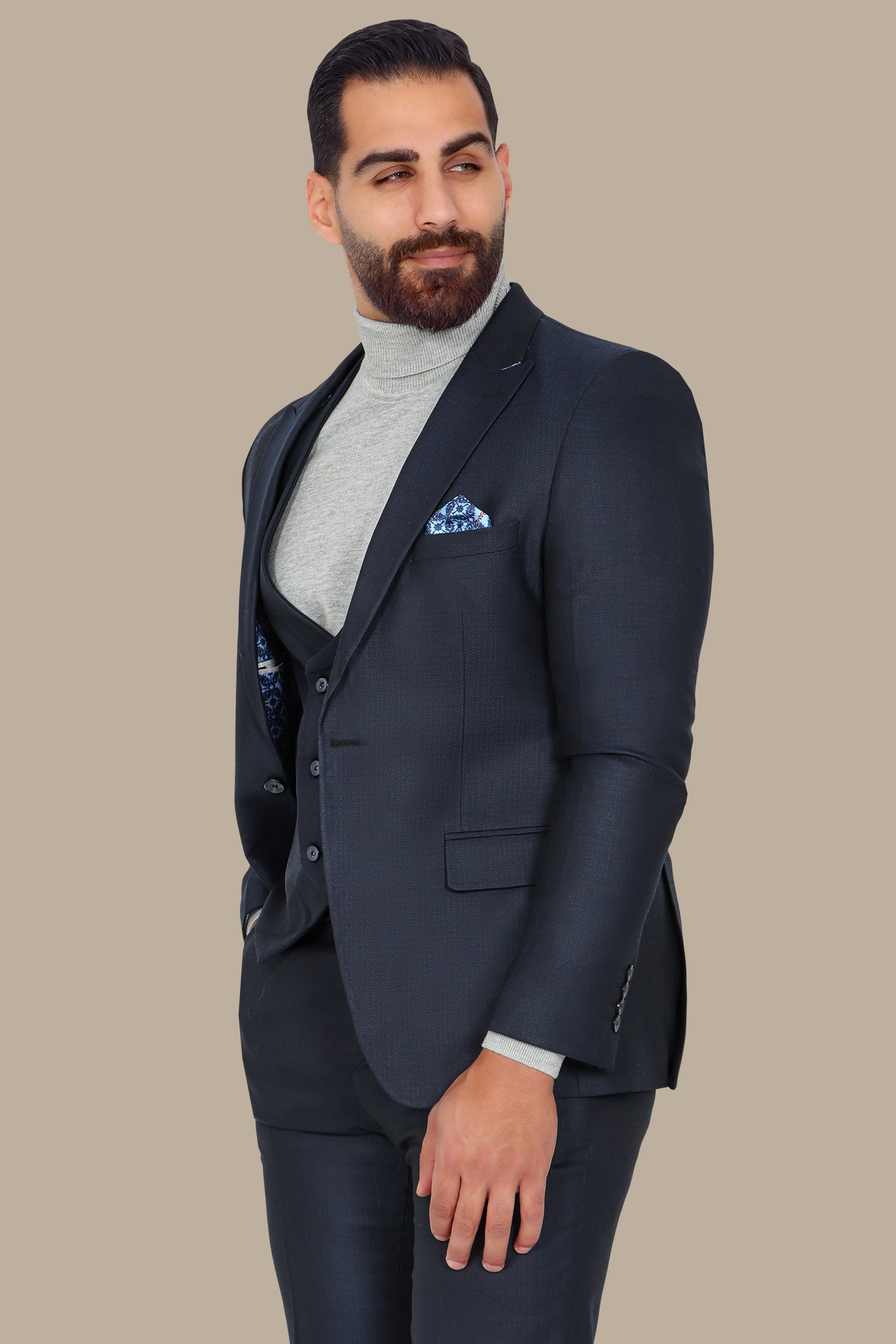 Timeless Structure: 3-Piece Navy Suit with Peak Lapel