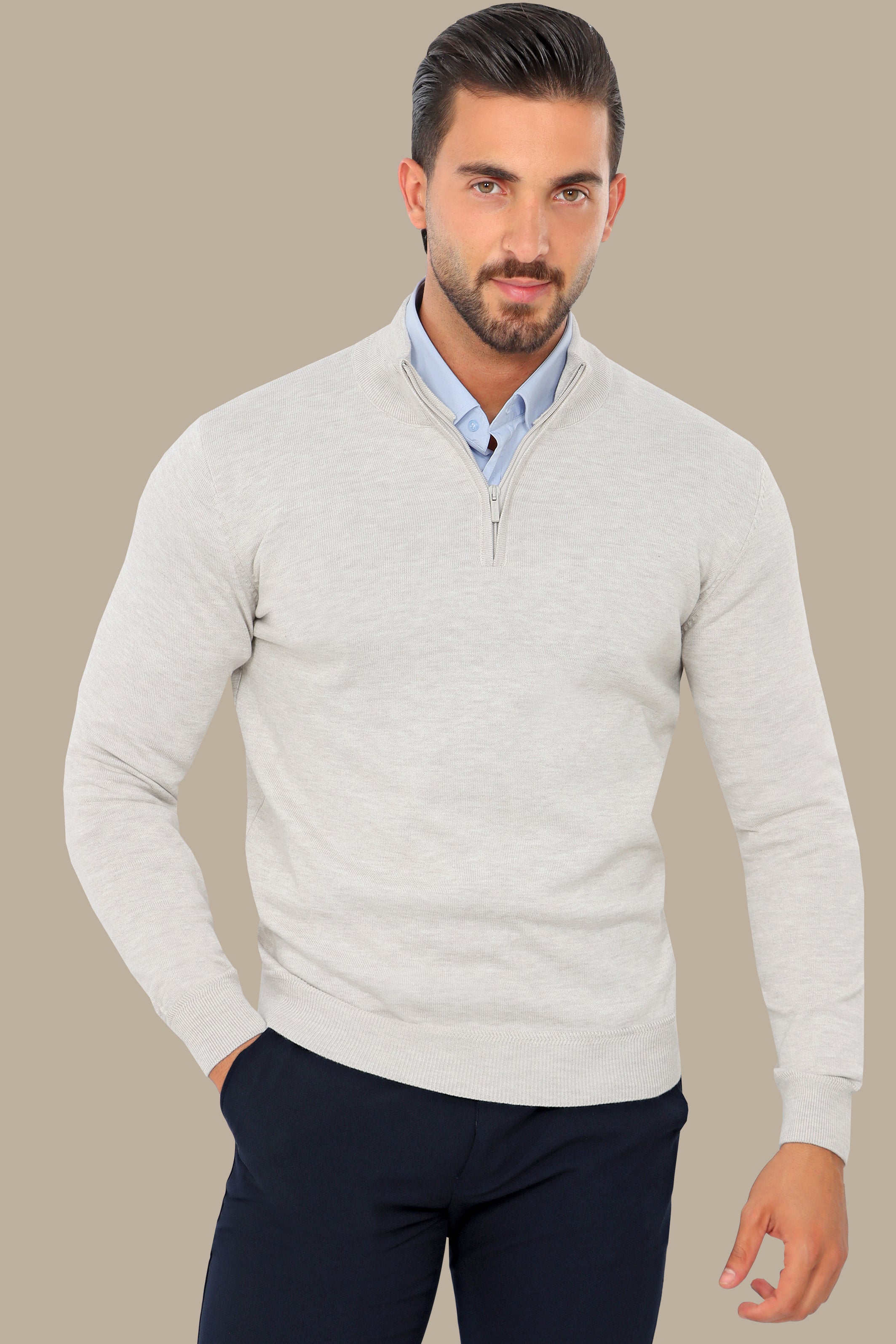 Light Beige Half-Zip Cotton Sweater