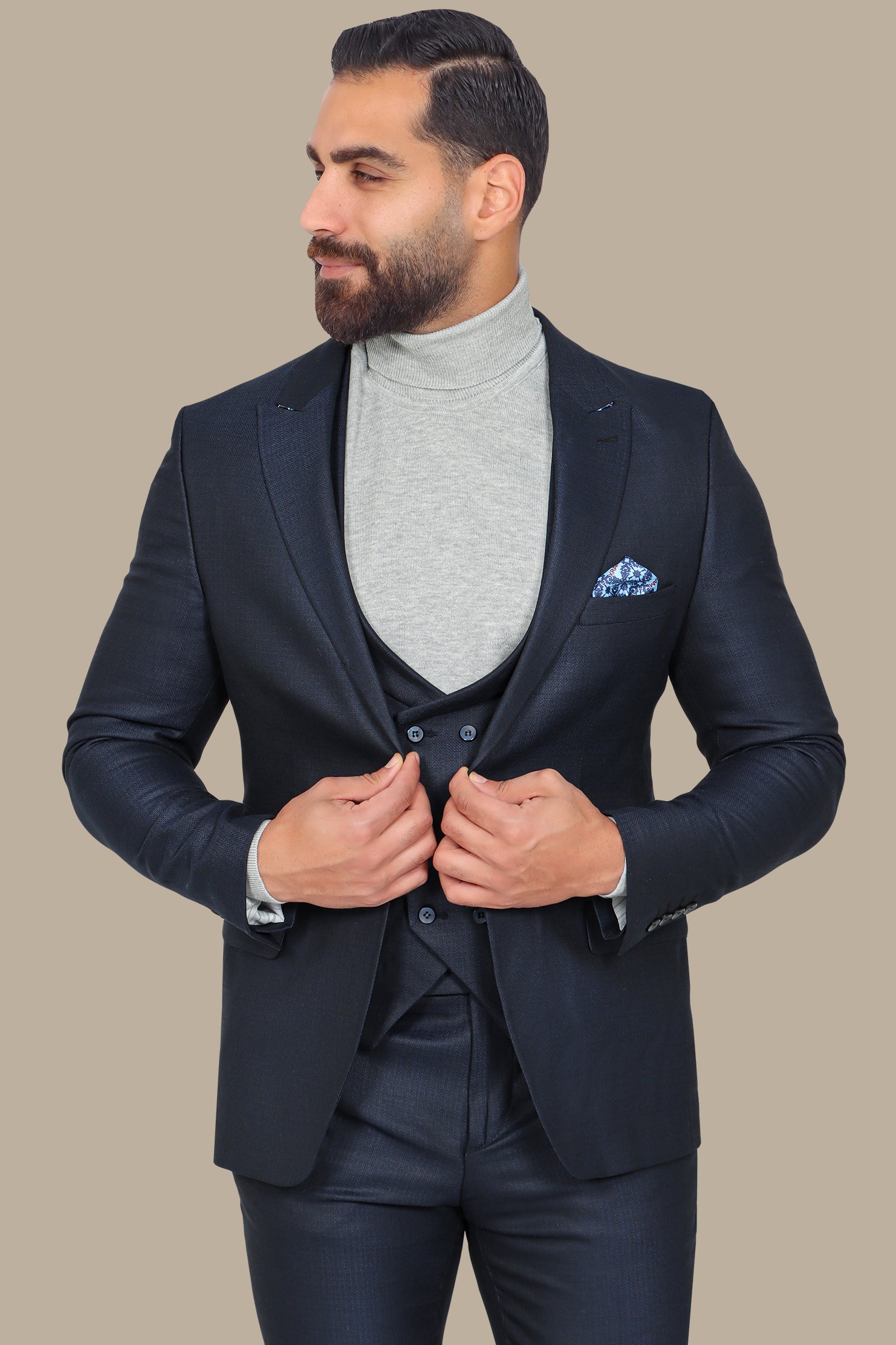 Timeless Structure: 3-Piece Navy Suit with Peak Lapel