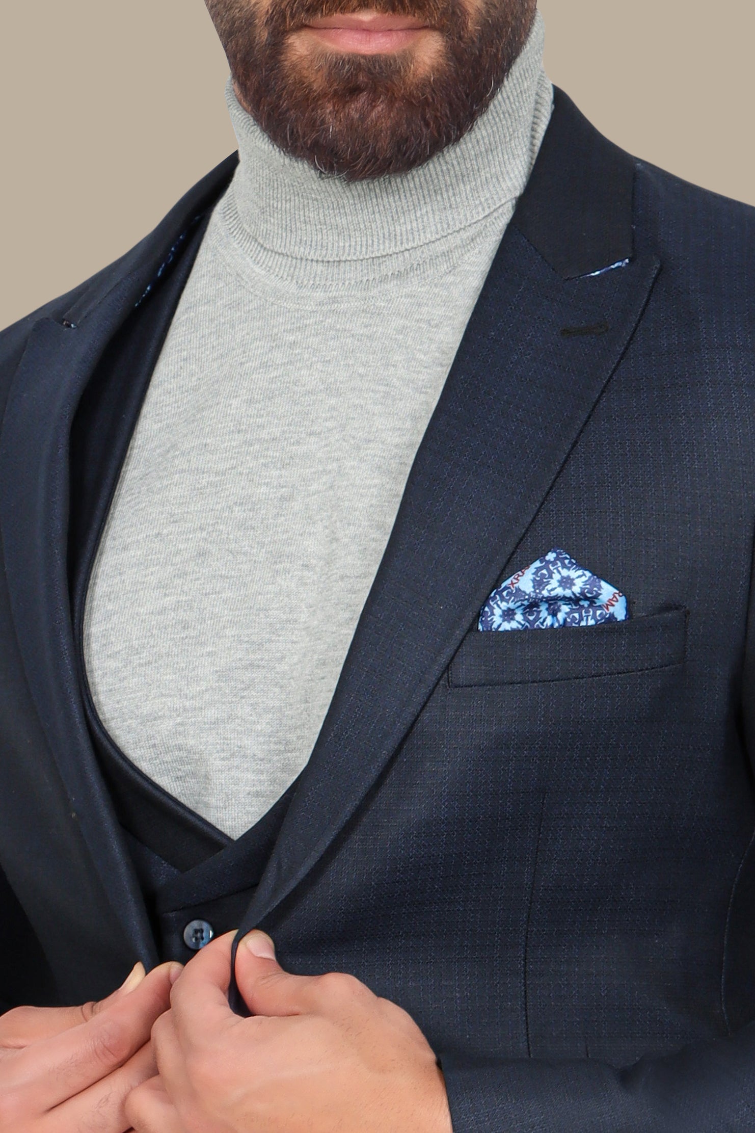 Timeless Structure: 3-Piece Navy Suit with Peak Lapel