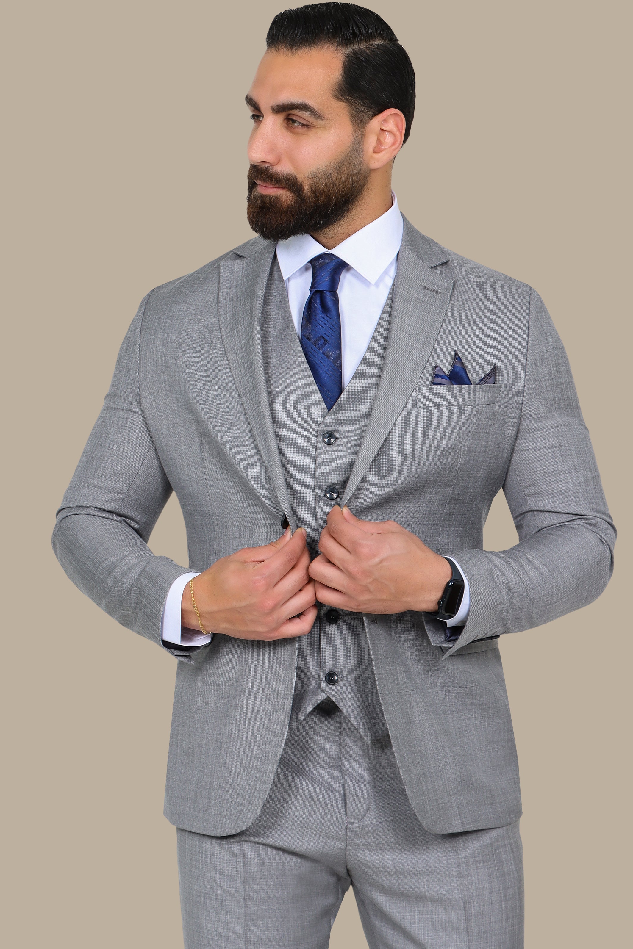 Light Grey Fil-à-Fil 3-Piece Suit with Notch Lapel