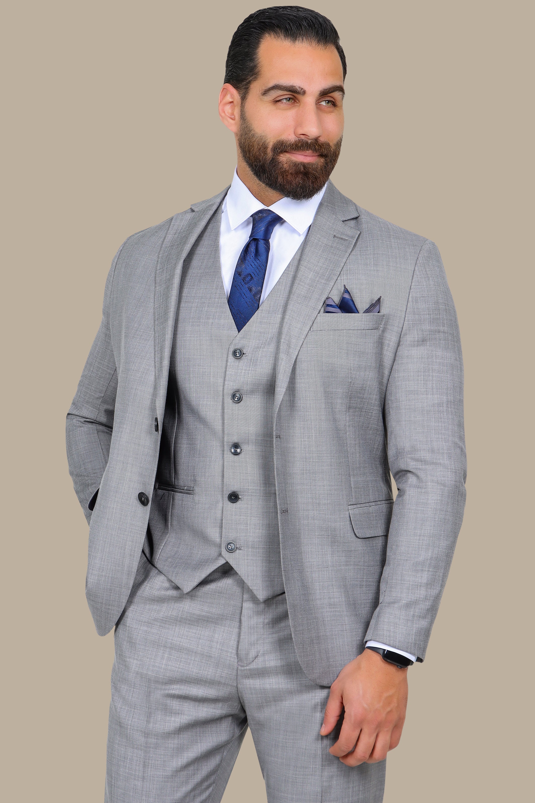 Light Grey Fil-à-Fil 3-Piece Suit with Notch Lapel