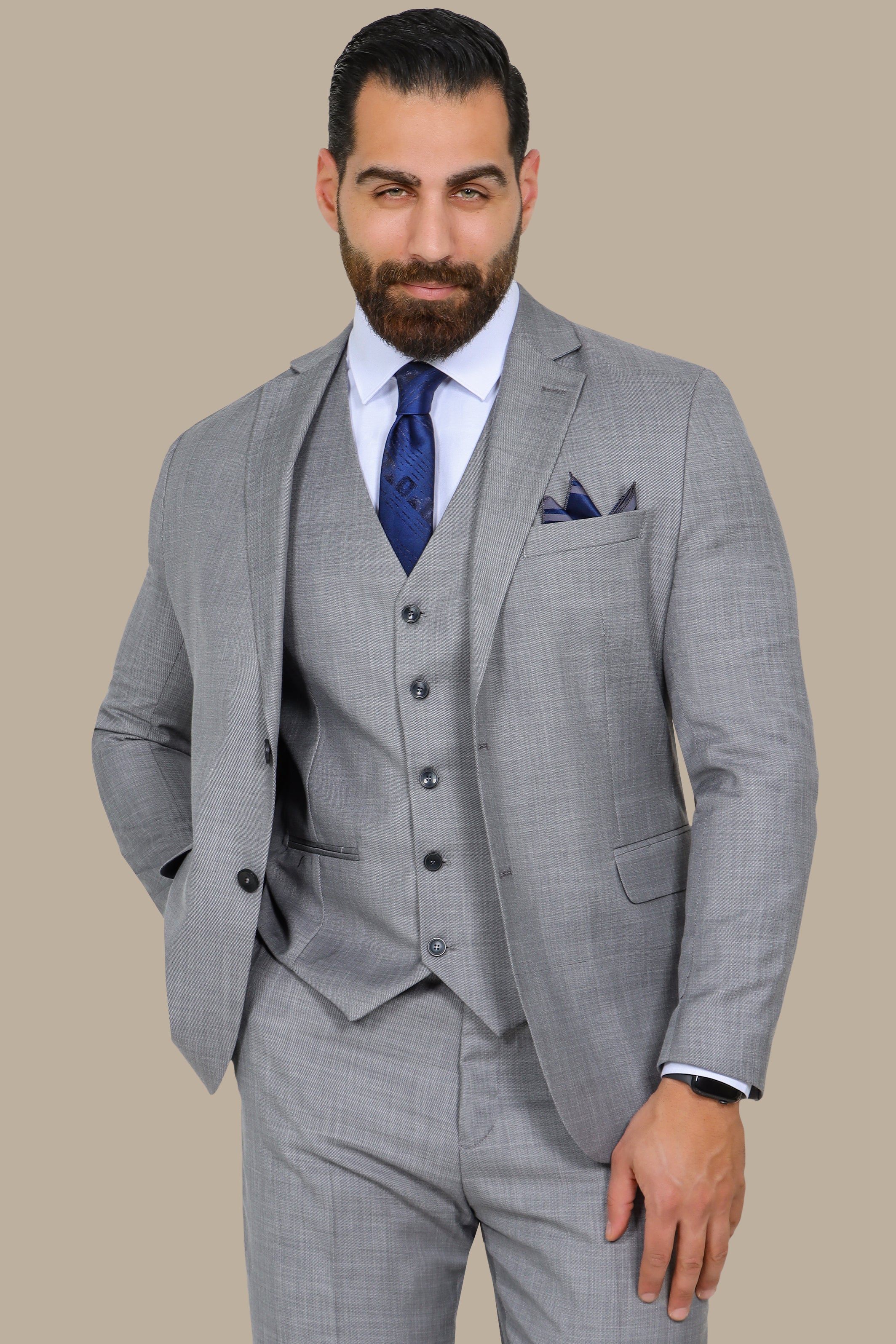 Light Grey Fil-à-Fil 3-Piece Suit with Notch Lapel