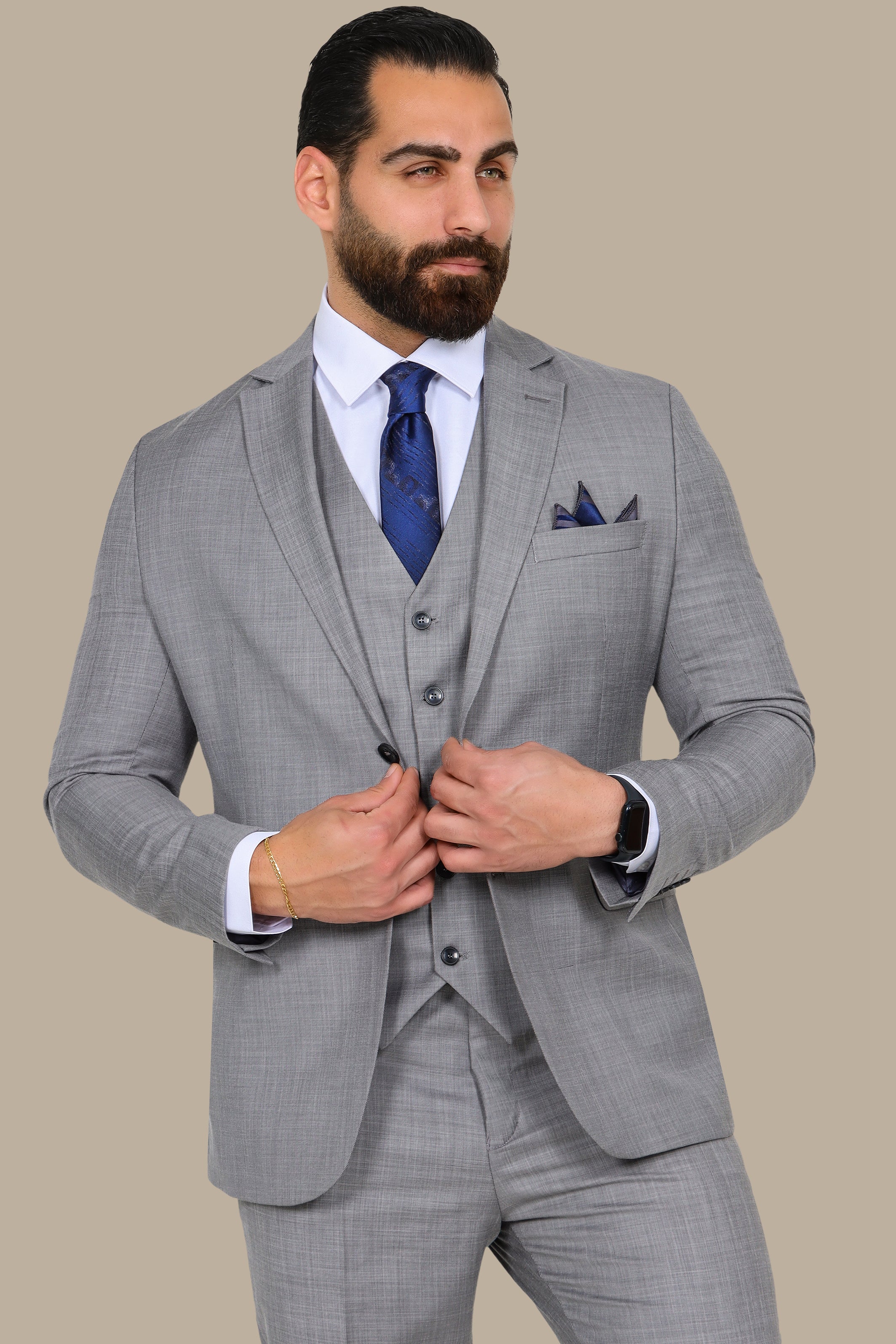 Light Grey Fil-à-Fil 3-Piece Suit with Notch Lapel
